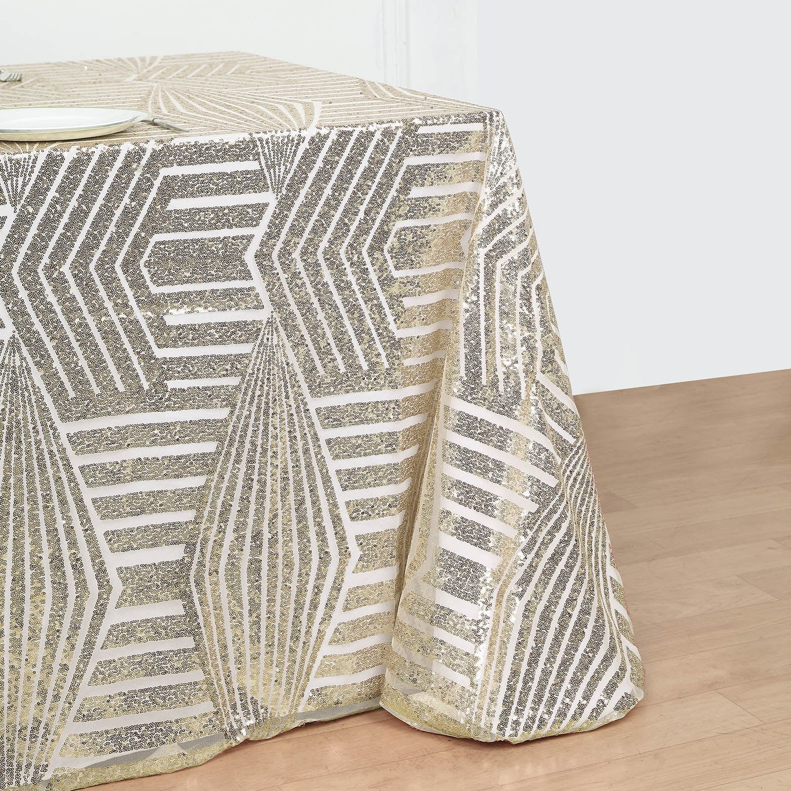 90x132 Inch Sparkling Sequin Geometric Tulle Tablecloth - Elegant Rectangular Wedding, Party, and Banquet Decor