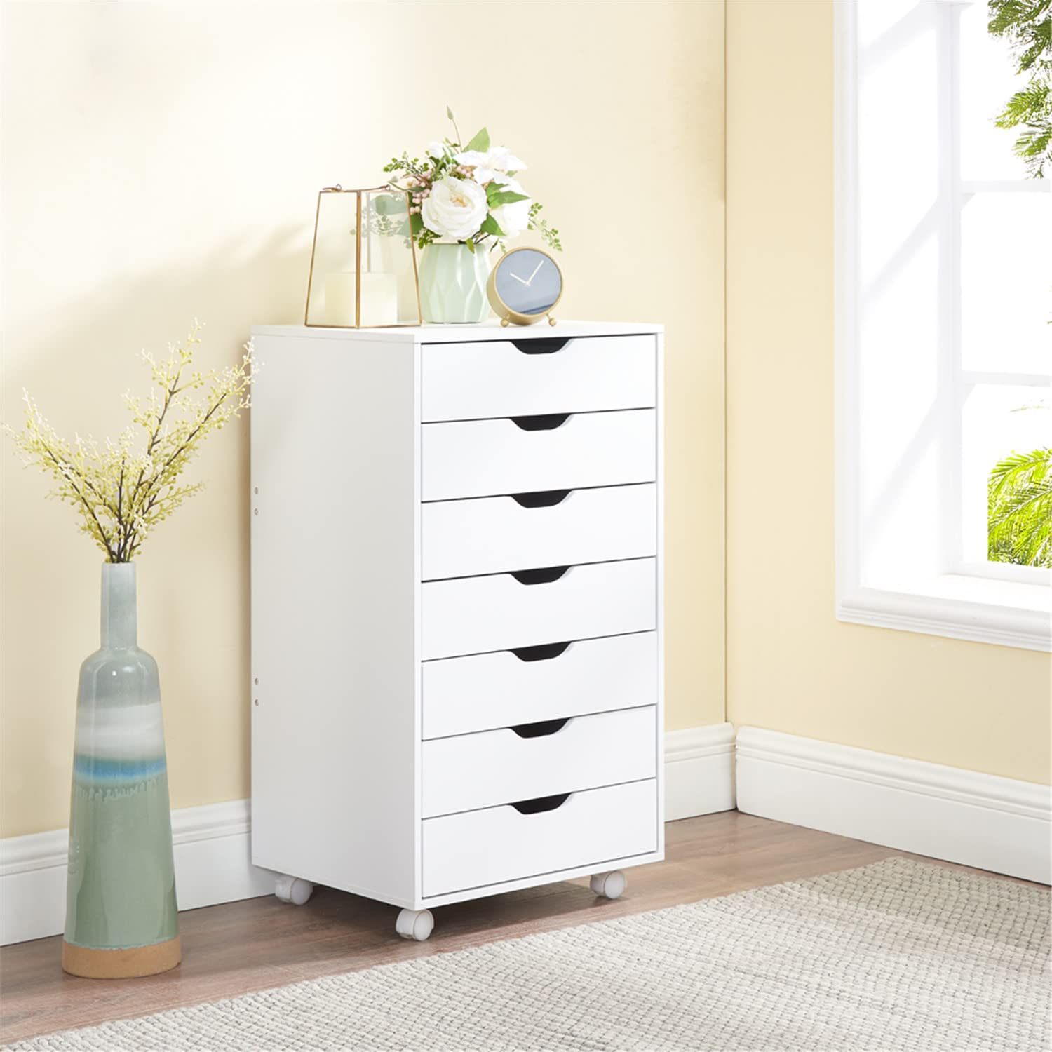Naomi Home 7-Drawer Tall Dresser with Wheels - White, Stylish Bedroom Storage with Shelves & 180 lbs Capacity | Perfect for Closet Organization, Makeup Vanity & Small Space Living