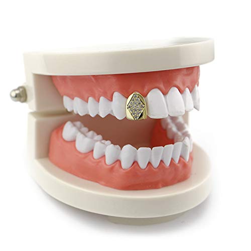 2PC Gold Plated Diamond Grillz for Teeth - Hip Hop Jewelry for Men & Women - Perfect Gift for Rappers & Hip Hop Fans - Great for Concerts, Parties & Photo Shoots