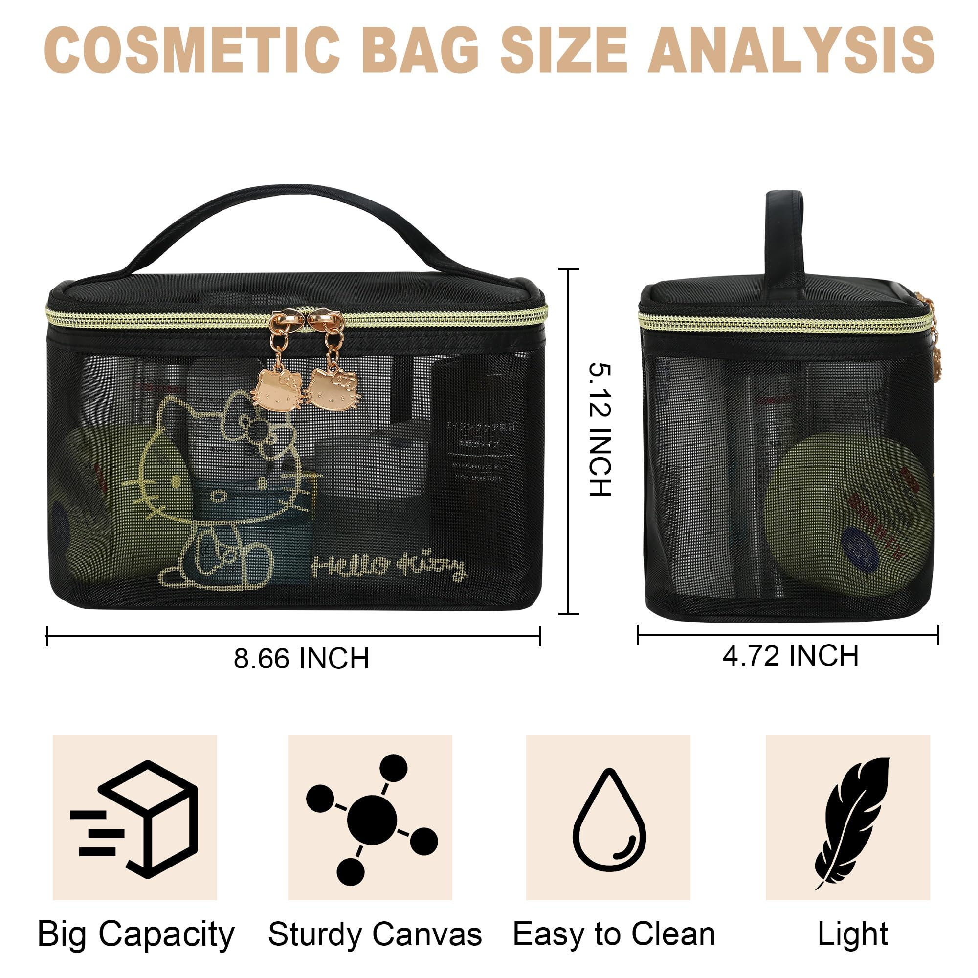 AmBealla Large Cosmetic Makeup Bag - Black Nylon Mesh Travel Organizer with Handle for Women | Toiletry & Beauty Storage Case for Skincare Tools, Makeup Brushes | Perfect for Travel, Home Organization & Gift for Girls