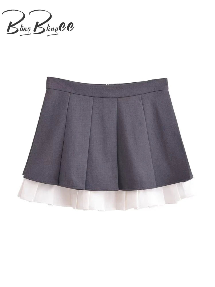 BlingBlingee Women's Summer Sleeveless Crop Top & Pleated Mini Skirt Set - Y2K Grey Patchwork Outfit for Casual Wear, Beach Vacation & Street Style Fashion