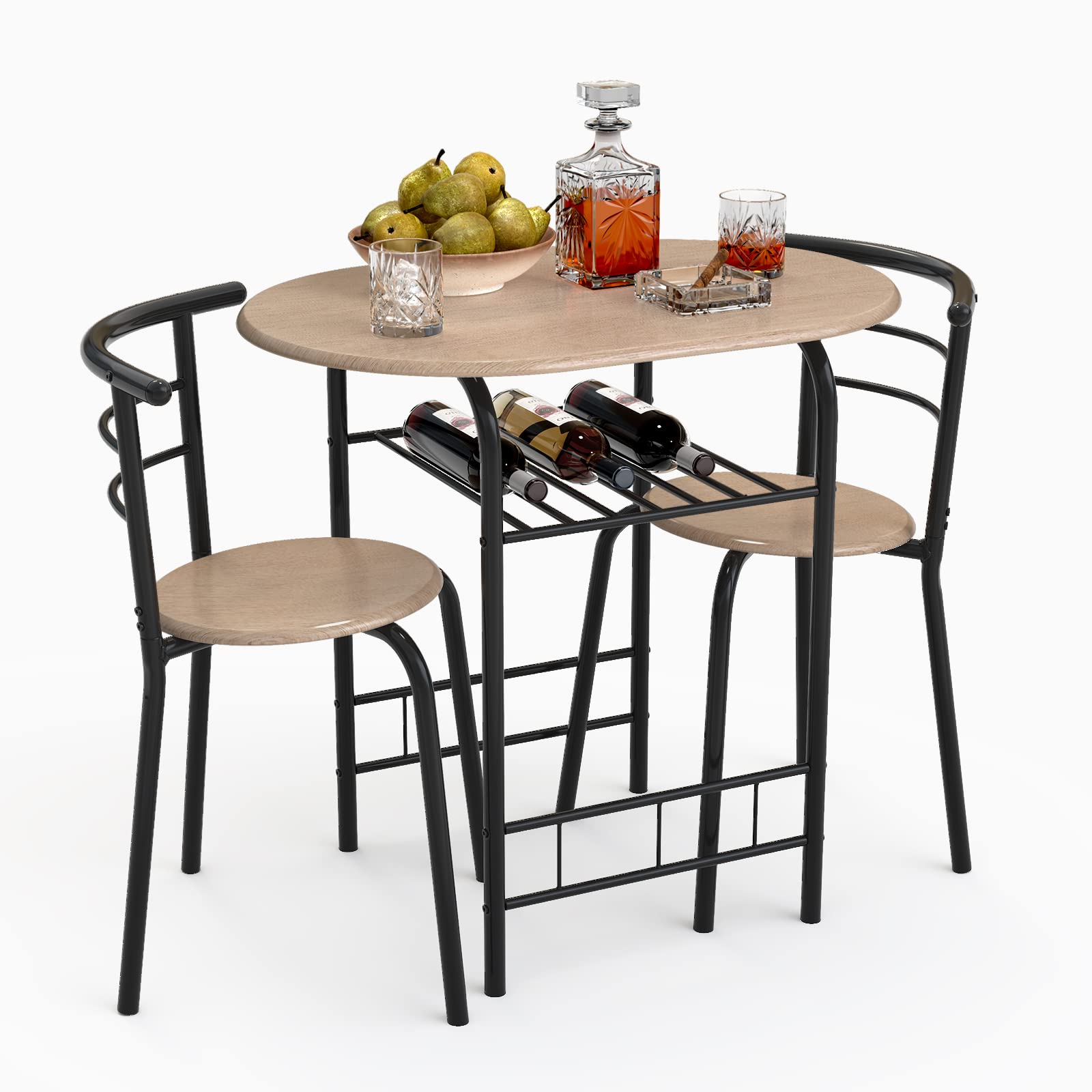 Nafort 3-Piece Round Dining Table Set for 2 - Compact Kitchen Bistro Set with 2 Chairs & Storage Shelf, Steel Frame in Natural/Black - Perfect for Small Spaces, Apartments, and Breakfast Nooks