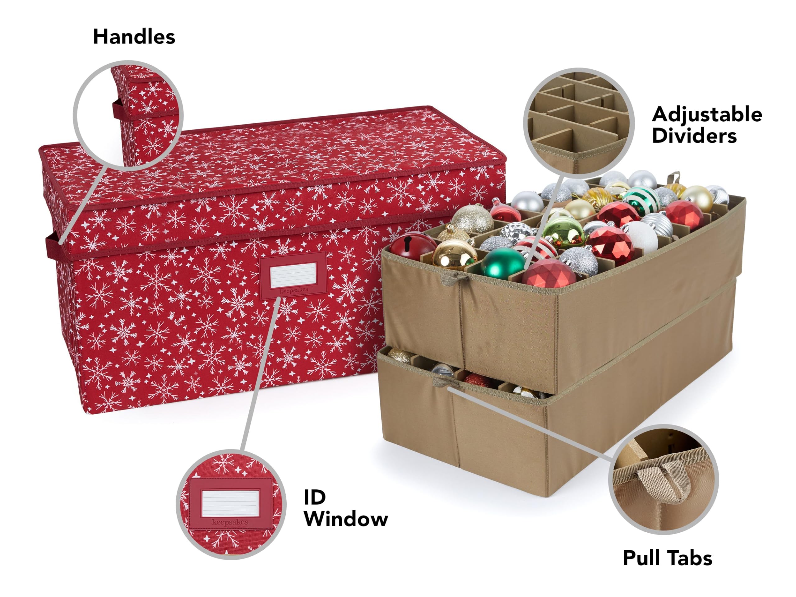 Covermates Keepsakes Adjustable Christmas Ornament Storage Box with Carrying Handles & Padded Protection - Holiday Decor Organizer for Tree Decorations, Red Snowflake Design - Perfect for Seasonal Storage & Home Organization