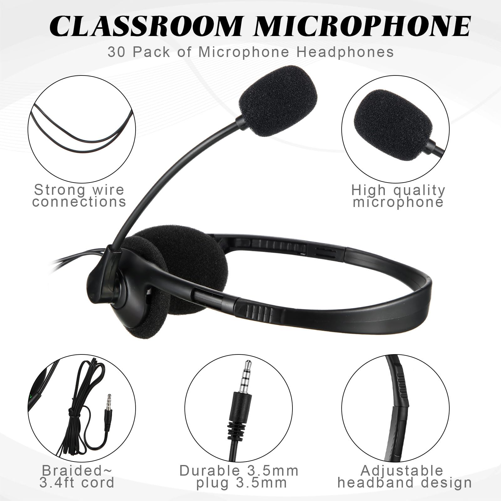 Kathfly Black Stereo Headphones with Microphone - Adjustable Office Conference Headset with 3.5mm Plug for Business Calls, Mobile Phones & Tablets (50 Pack) - Perfect for Call Centers, Remote Work & Online Meetings