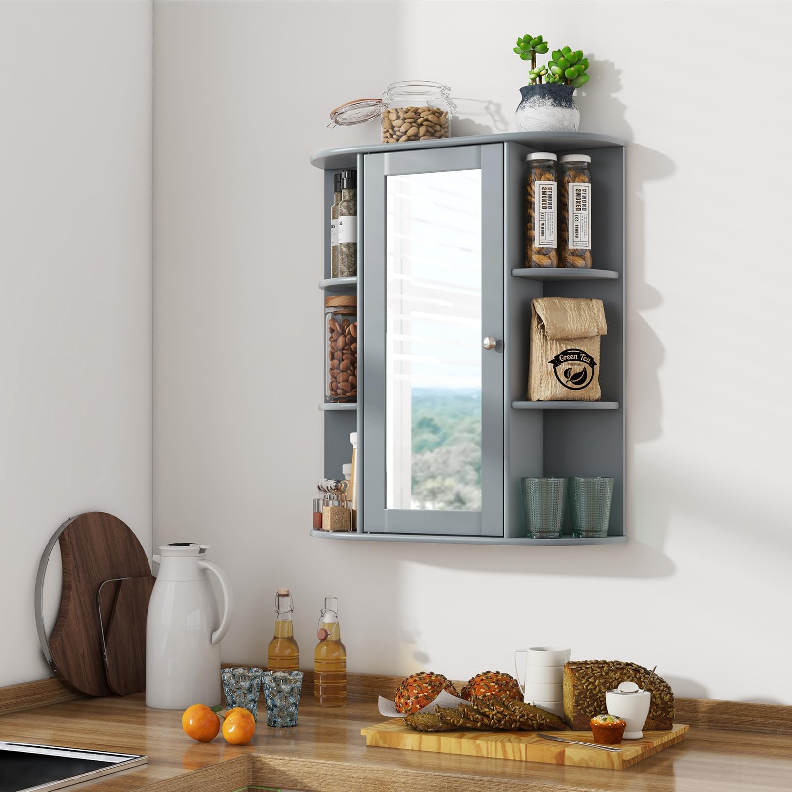 Tangkula Wall Mounted Bathroom Medicine Cabinet with Mirror Door - Adjustable Shelves, Removable Storage for Bathroom, Living Room & Laundry Room - Space Saving Grey Wooden Cabinet (Perfect for Small Spaces & Organized Storage)