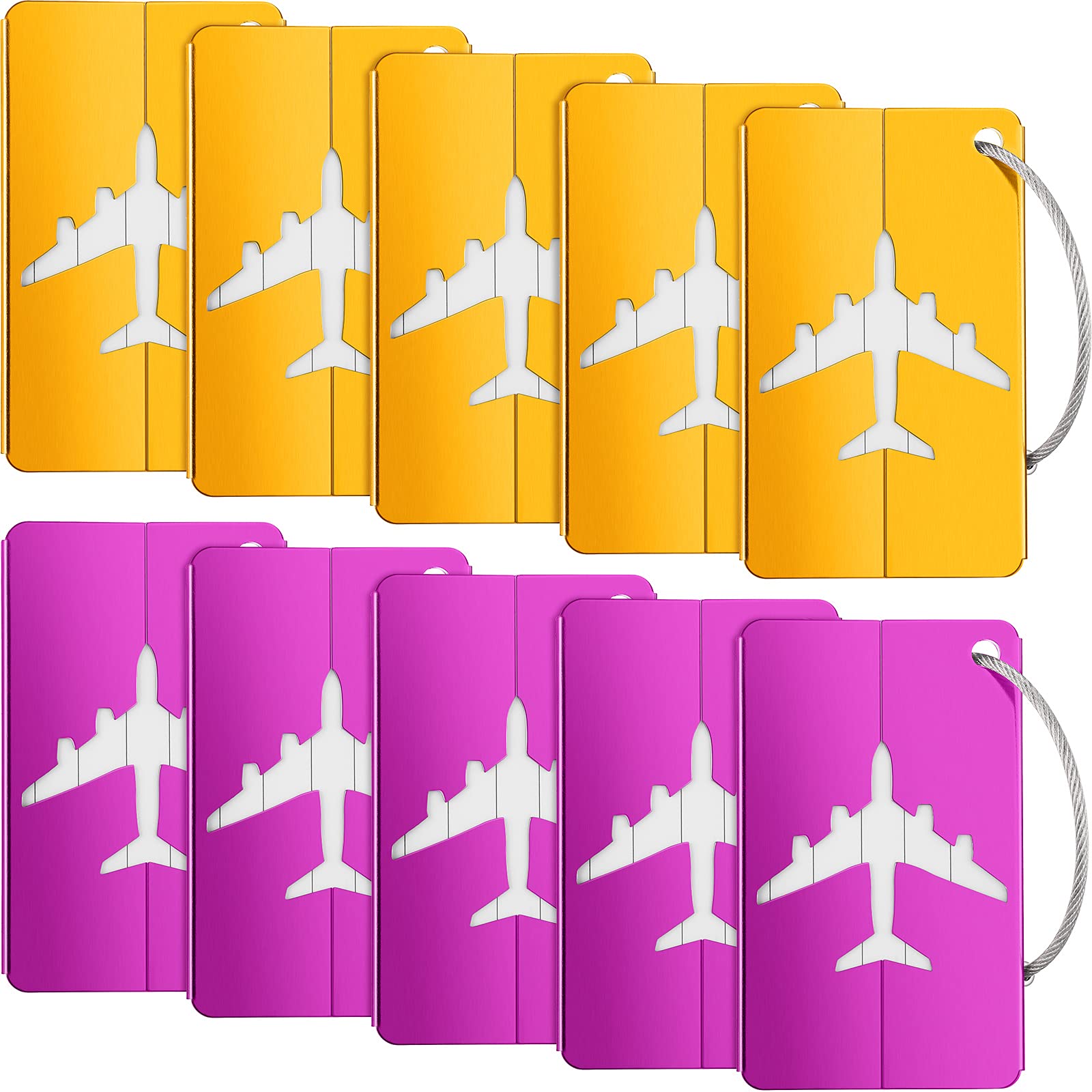 10 Pack Durable Aluminum Luggage Tags with Business Card Holder - Waterproof Travel ID Bag Tags for Suitcases, Backpacks & Carry-Ons (Yellow, Purple) - Perfect for Airports, Hotels & Cruise Ship Travel