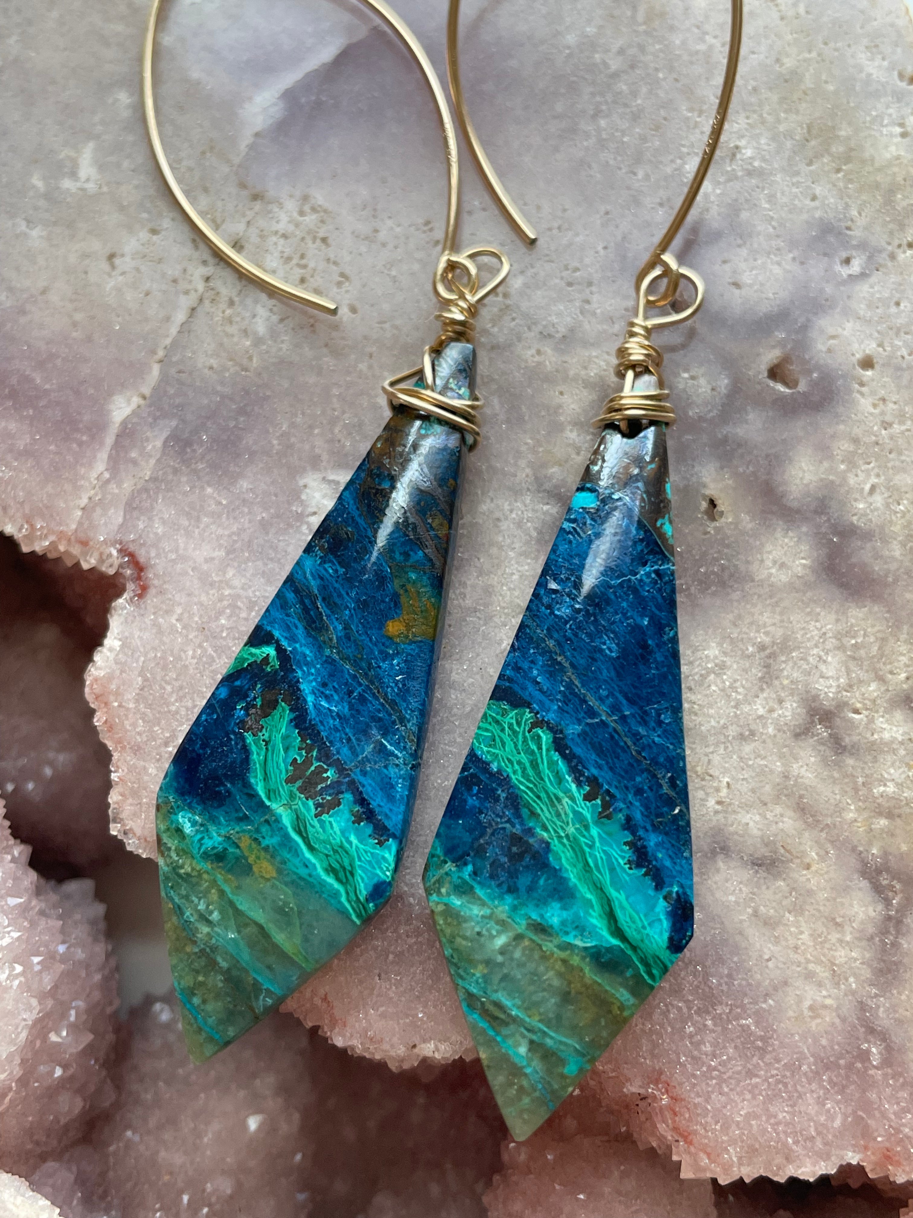 Chrysocolla Gold Filled Statement Crystal Gemstone Earrings for Women | Elegant Bohemian Jewelry for Parties, Weddings & Special Occasions