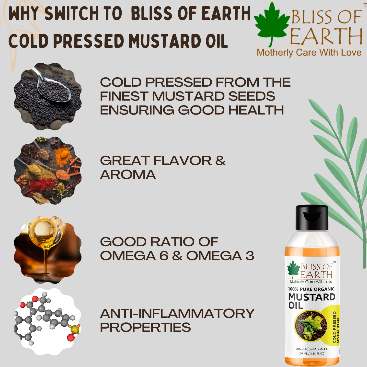 100% Pure Organic Cold Pressed Mustard Oil for Hair & Skin - Hexane Free, Baby-Friendly, Antibacterial - Bliss of Earth 100ml | Promotes Hair Growth, Scalp Care & Massage