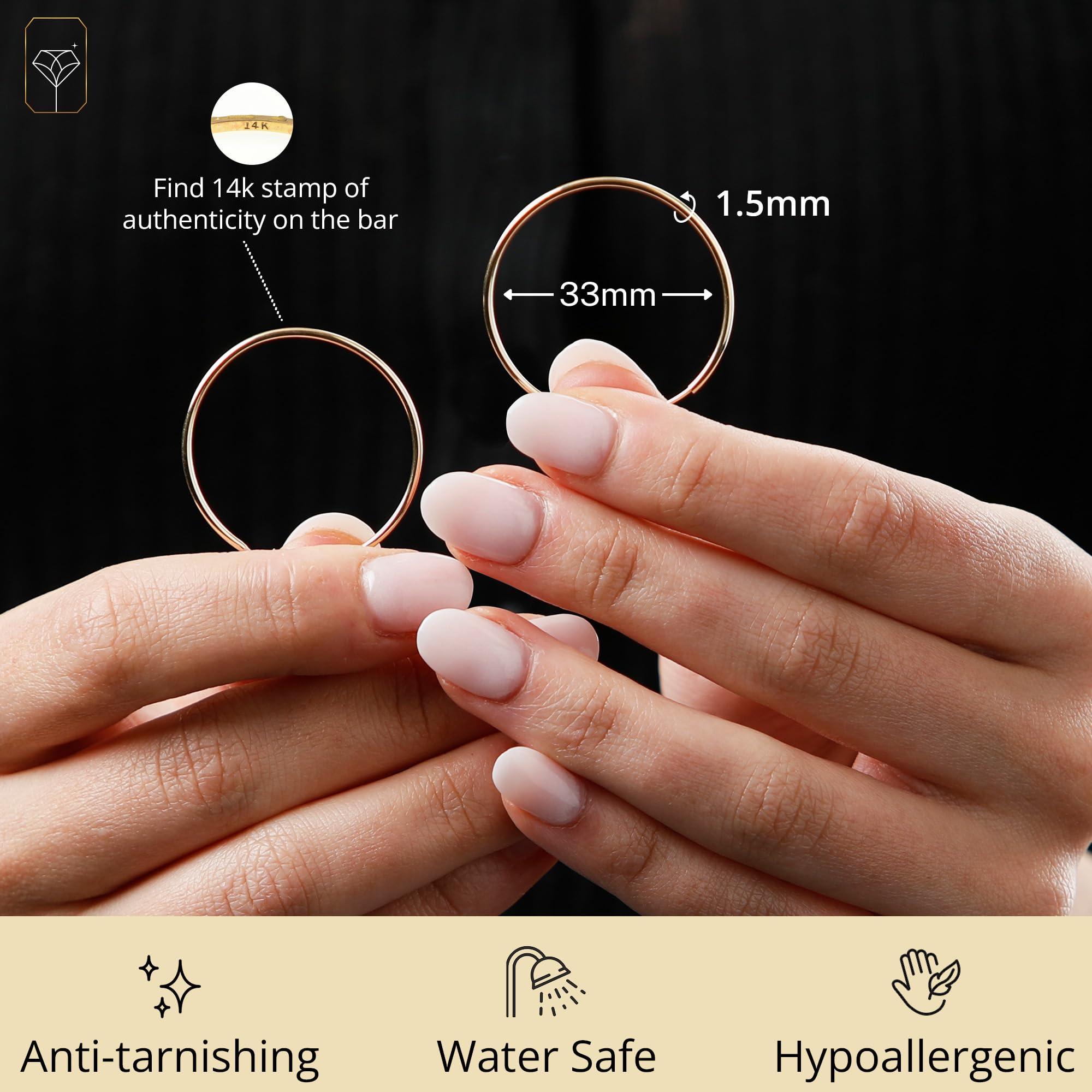 14k Solid Gold Hoop Earrings for Women - 1.5mm Tube Yellow Gold Continuous Flex Hoops | Real 14k Gold Jewelry | Perfect for Everyday Wear, Date Nights & Special Occasions