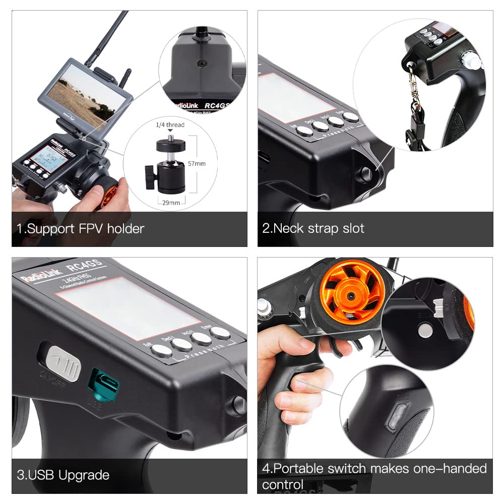 Radiolink RC4GS V3 (Upgraded from V2) 5-Channel 2.4GHz RC Radio Transmitter with Gyro & 2 R6FG Receivers - 400M Remote Control System for RC Cars, Boats, Crawlers, Tanks, Drifting & Buggies | Includes Lanyard for Outdoor Racing & Hobby Use