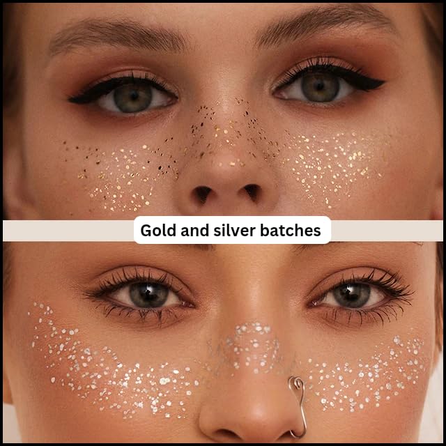 8 Pcs Face Glitter Freckles Makeup Patches - Gold & Silver Temporary Metallic Tattoos for Face & Body - Glow Up Makeup Speckles for Parties, Festivals, Halloween & Cosplay