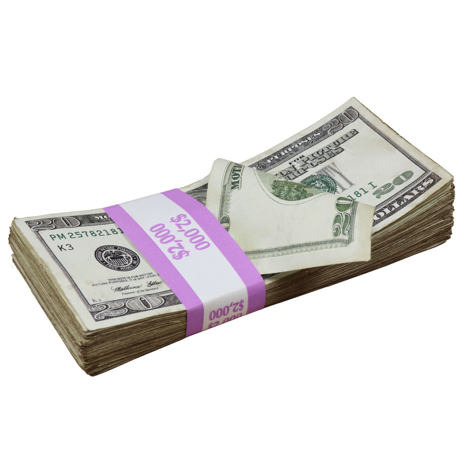 $2,000 RealAged™ Full Print 2000 Series Stack - High-Quality Prop Money for Movies, Photography & Educational Use