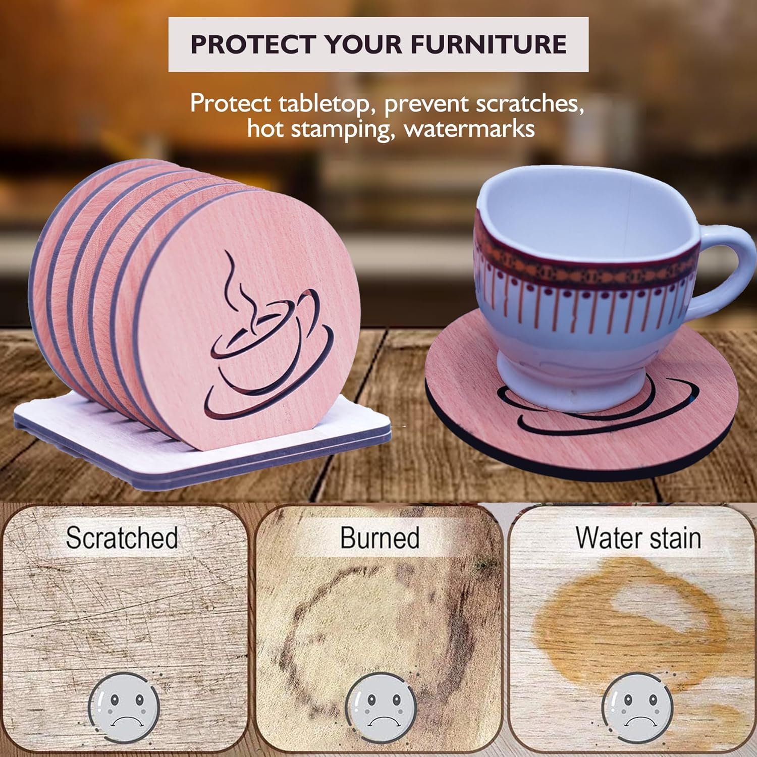 KERMIS Wooden Coaster Set of 6 with Stand - Absorbent Drink Coasters for Coffee, Tea & Glasses - Protects Furniture from Water Rings & Stains - Perfect Dining Table Decor & Housewarming Gift (9.5 x 9.5 cm) - Ideal for Home, Office, Restaurants & Coffee Shops