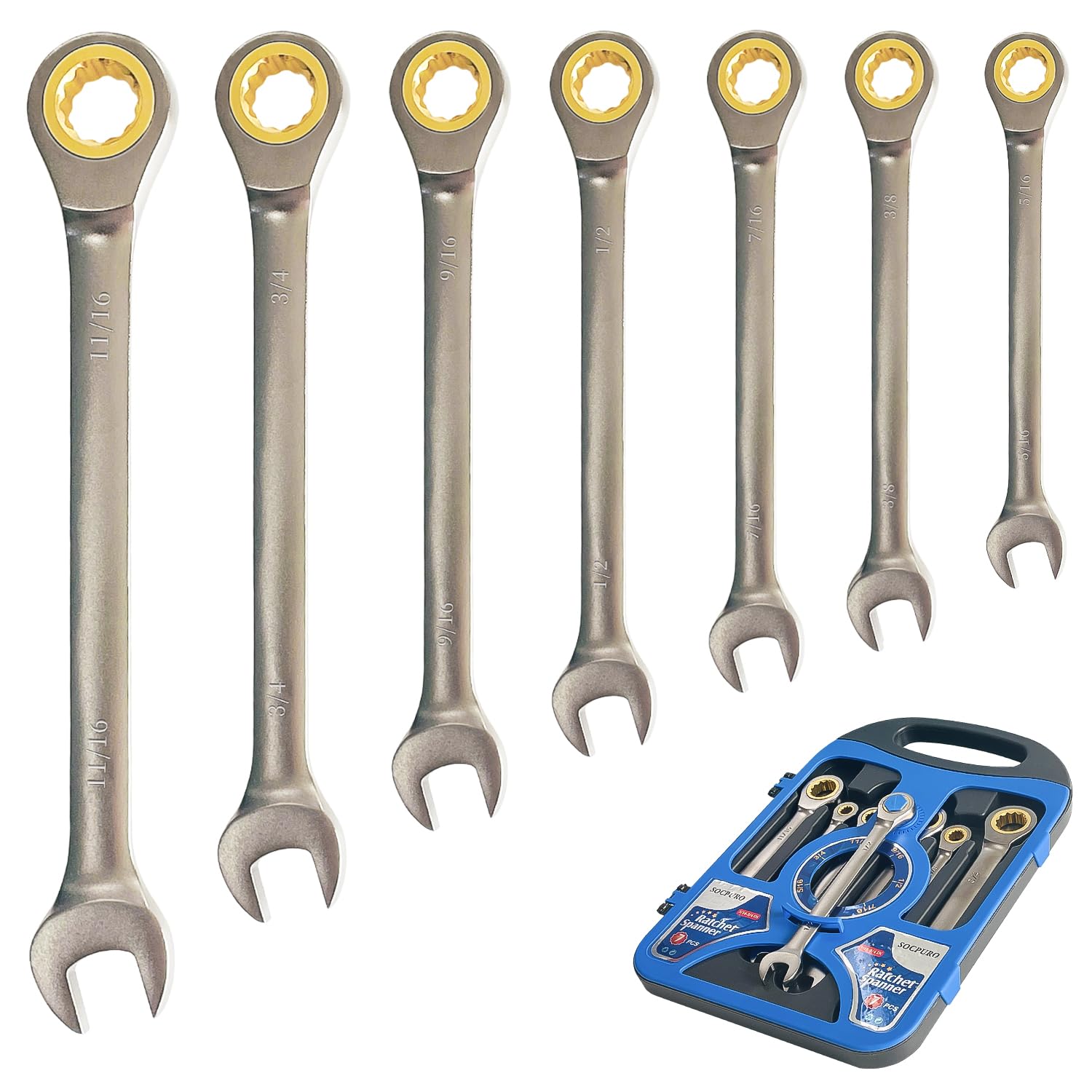 7Pcs Ratcheting Combination Wrench Set - SAE 5/16