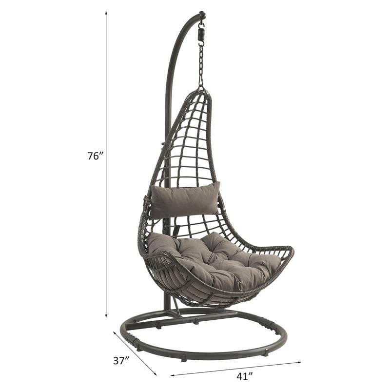 ACME Uzae Gray & Charcoal Wicker Hanging Chair with Metal Stand - Perfect for Outdoor Patio, Garden, and Backyard Relaxation