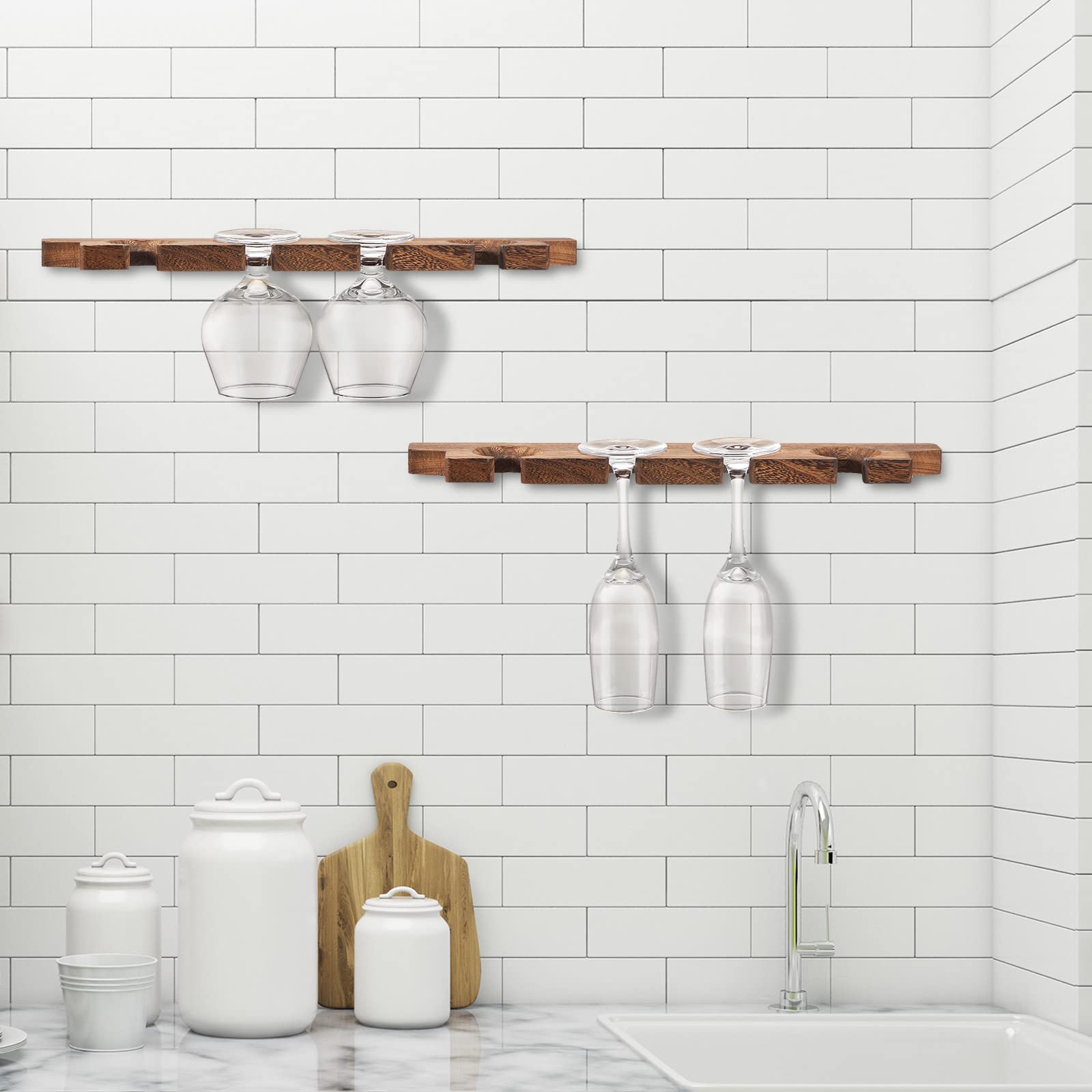 Rustic Wooden Wall Mounted Wine Glass Holder - Stemware Rack & Champagne Glass Organizer for Kitchen, Bar - Floating Shelf for Glassware Storage (8 Pcs, 17 x 3 x 0.8 Inch) - Perfect for Home Decor, Entertaining Guests & Halloween Party Setup