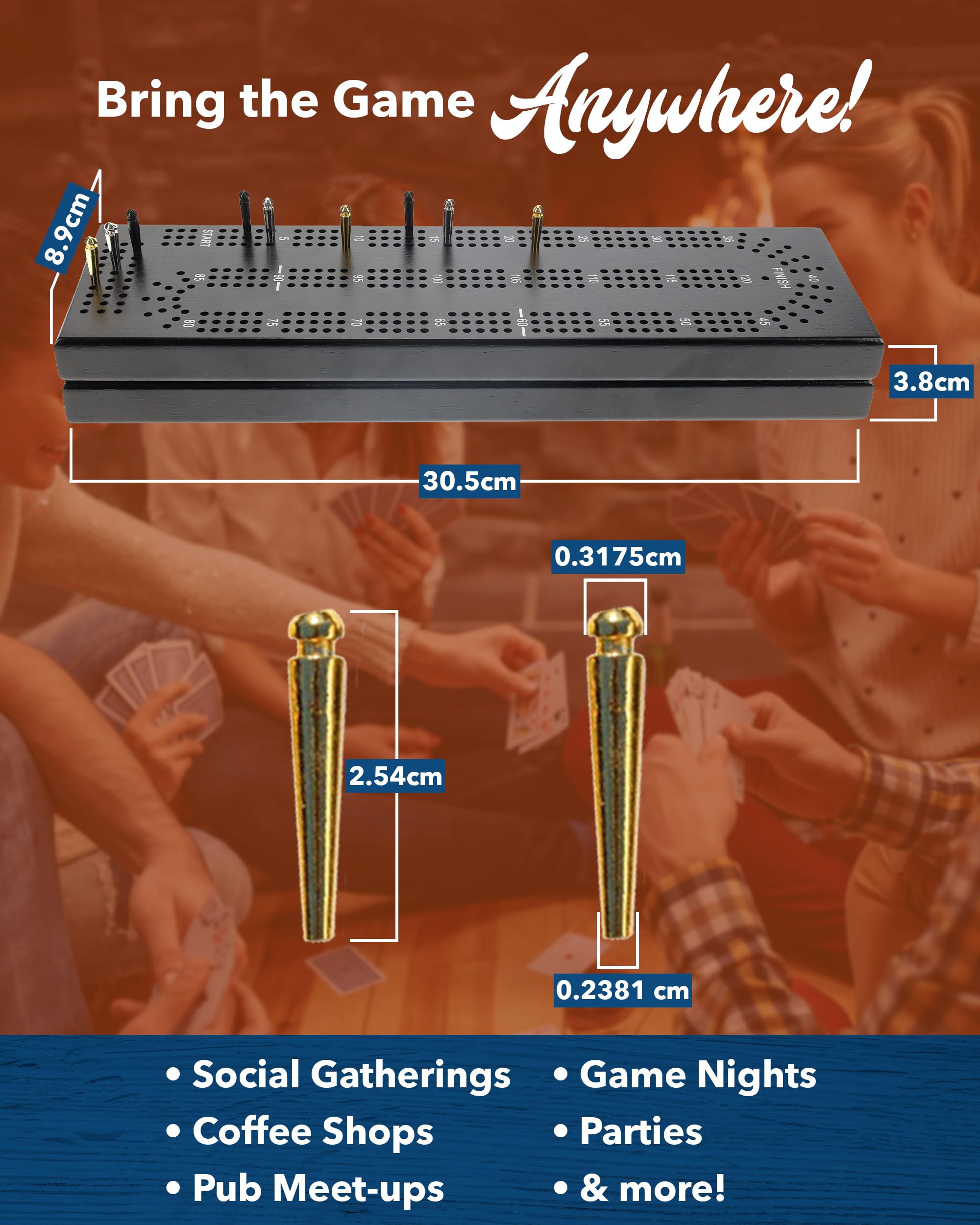 Premium WE Games Wooden Cribbage Board Set with Storage - Black Stained Continuous 3-Track Card Game for 2-3 Players - Perfect for Family Game Nights, Travel & Pub Entertainment