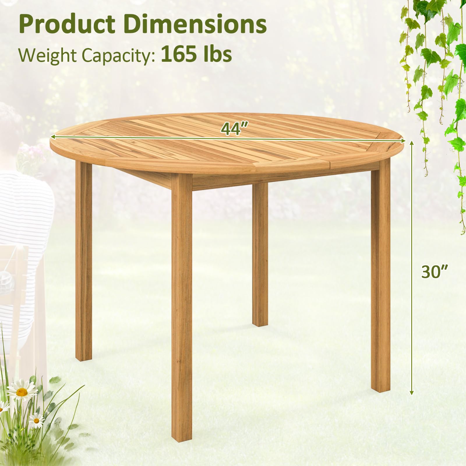 Tangkula 48-Inch Round Outdoor Dining Table - Acacia Wood Farmhouse Style 4-Person Patio Table - Weather-Resistant for Yard, Deck, Garden & Indoor Dining Room - Perfect for Al Fresco Meals & Backyard Entertaining