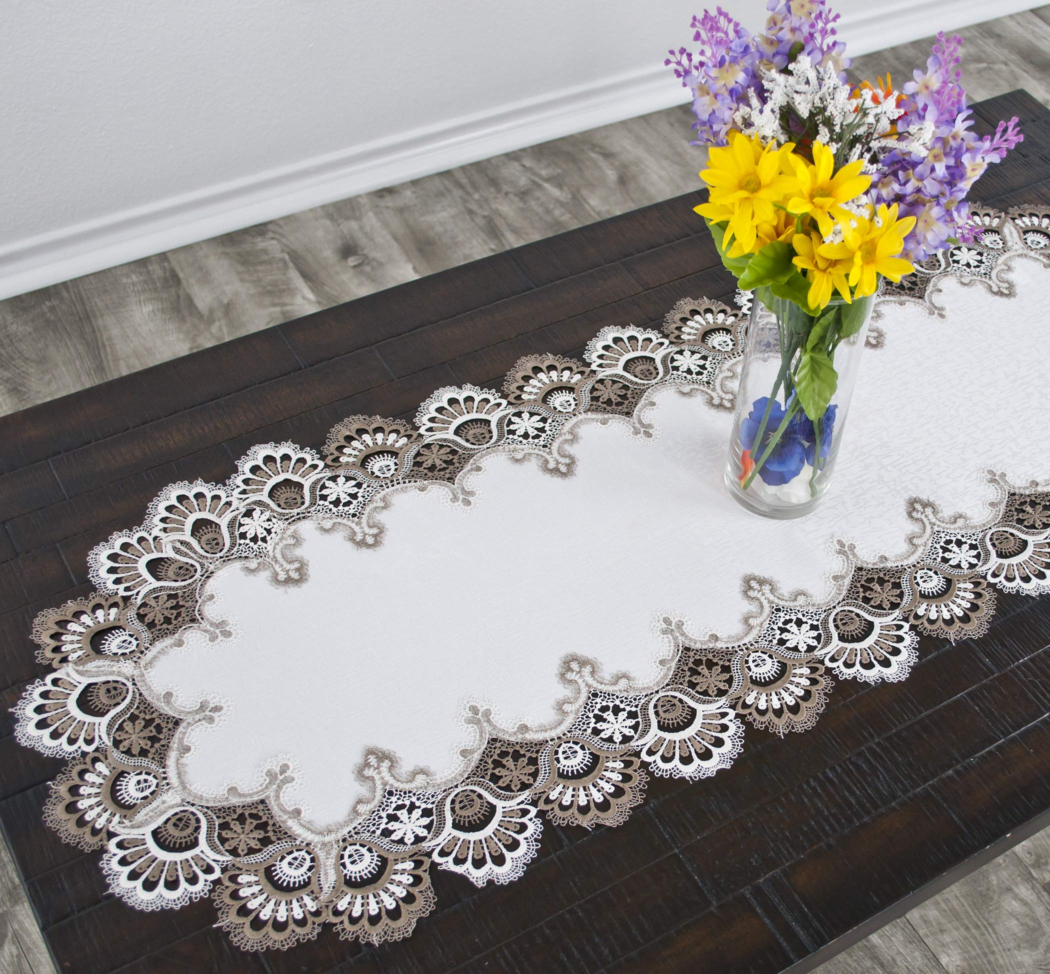 Elegant Cocoa Earth Tones Jacquard Peacock Tail Lace Table Runner & Dresser Scarf - 16x44 Inches - Perfect for Dining Tables, Buffets, and Dresser Tops
