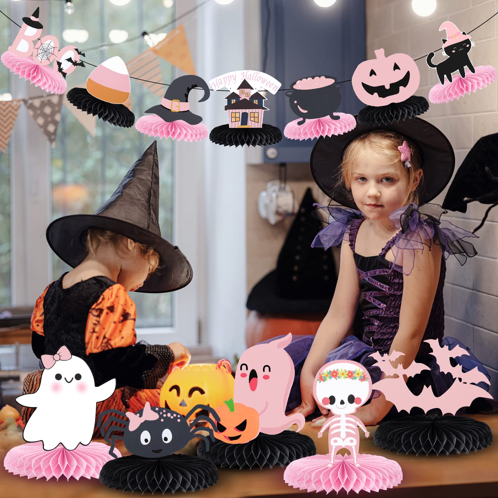 12Pcs Pink & Black Honeycomb Halloween Centerpieces - Baby Shower & Birthday Party Table Decorations, Halloween Table Toppers with Sticks for Girls Party, Home & Office Halloween Decor