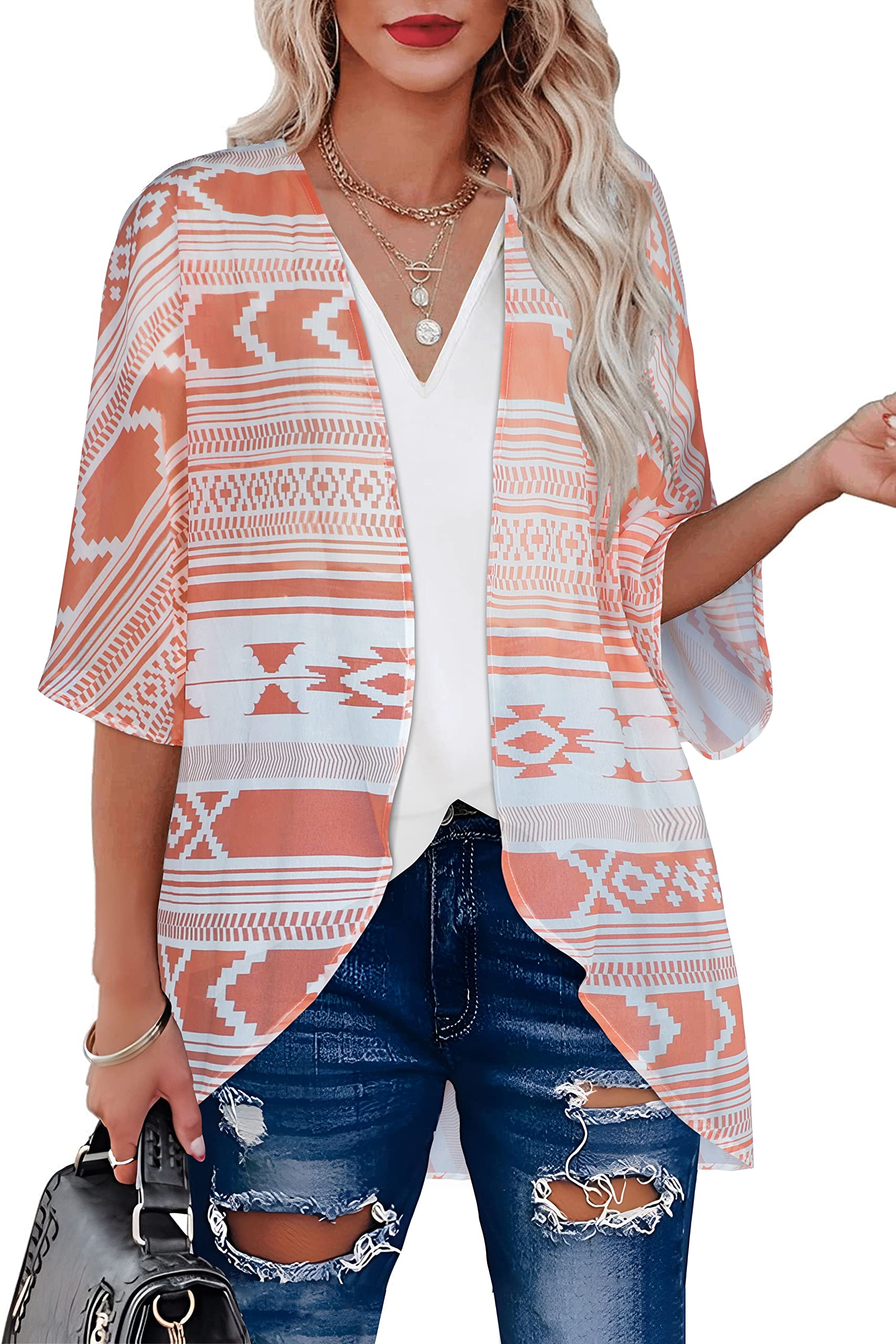 Women's Floral Print Puff Sleeve Kimono Cardigan - Loose Cover Up Casual Blouse Tops for Spring Summer Beach Wear & Boho Outfits