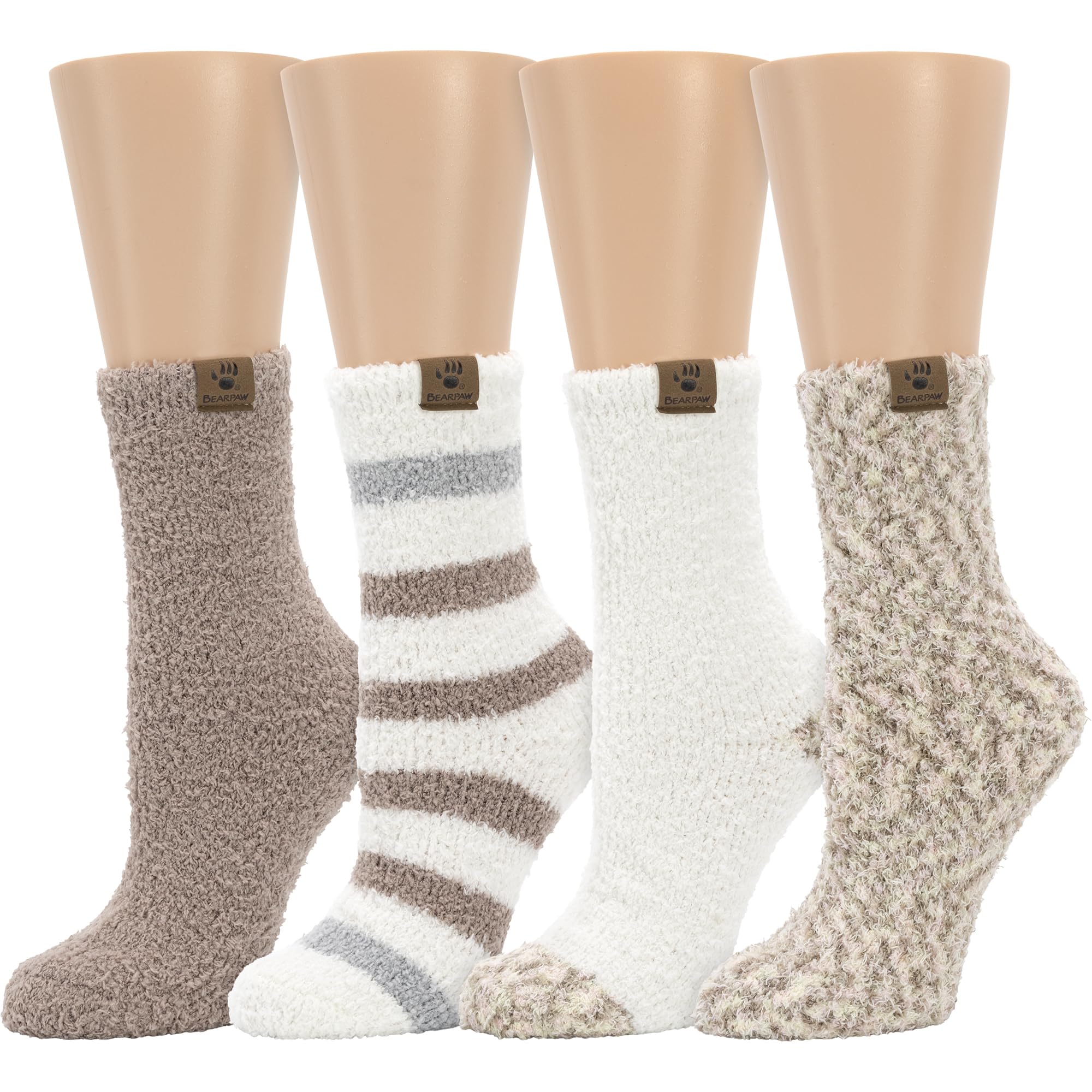 BEARPAW 4-Pack Cozy Super Soft Lounge Socks - Warm Fuzzy Crew Socks for Women & Men - Multi-Pattern Non-Slip House Socks for Winter, Home, Office & Travel Comfort