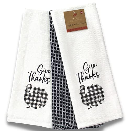 Thanksgiving Fall Turkey Kitchen Towels Set of 3 - Herringbone Weave with Gingham Print Turkey & Waffle Towel (Black/White) - Perfect for Holiday Cooking, Decor & Hostess Gifts
