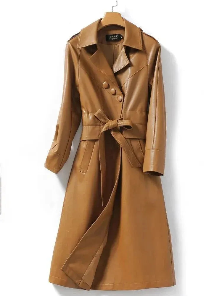 Women's Long Belted Leather Overcoat - Classic Trench Coat with Adjustable Waist for Fall & Winter | Perfect for Office, Travel & Formal Occasions