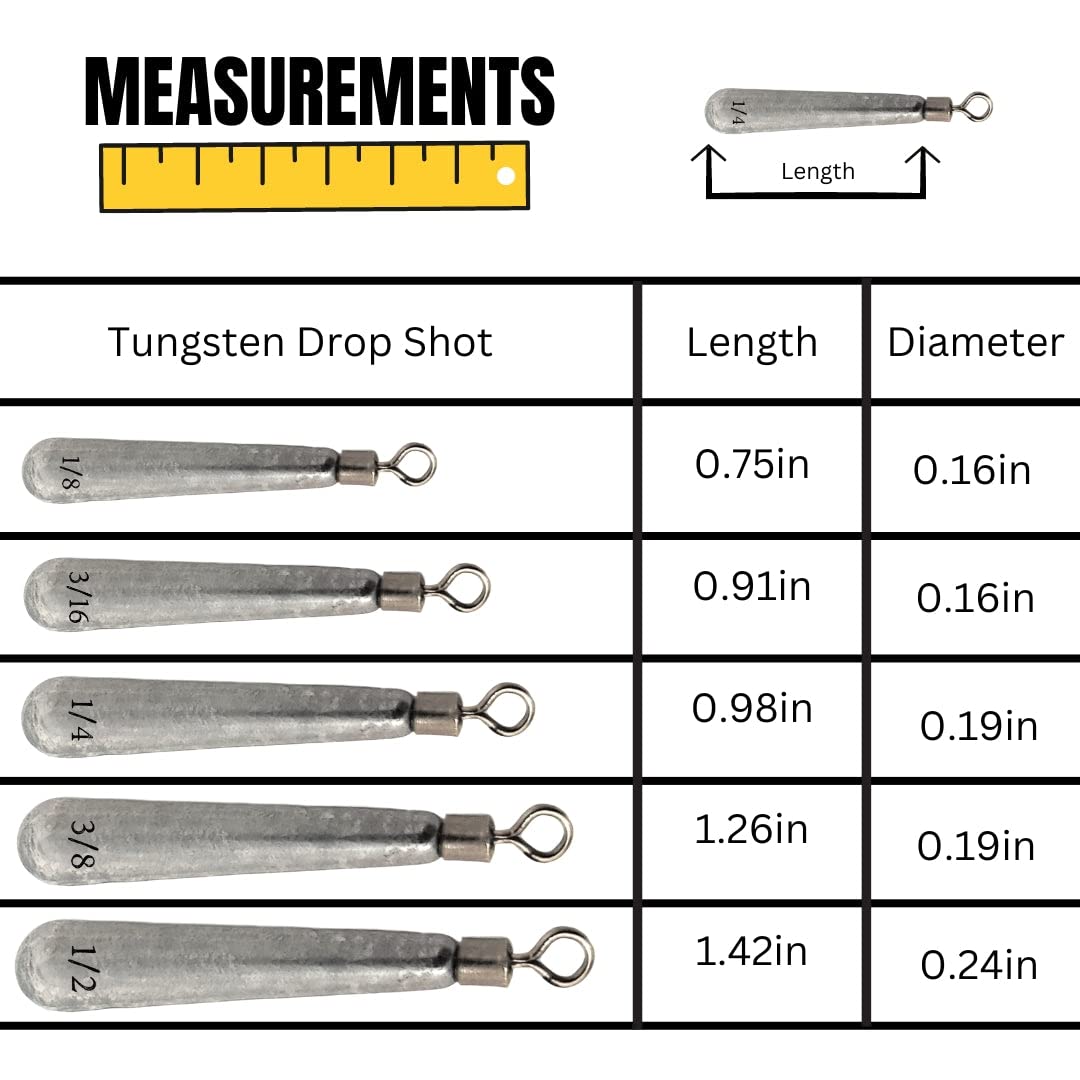 Reaction Tackle Tungsten Drop Shot Weights - Premium Fishing Sinkers for Bass & Walleye | Skinny Dropshot Weights with Size Stamped for Freshwater & Saltwater Fishing | Perfect for Finesse Fishing, Drop Shot Rigs & Light Tackle Applications