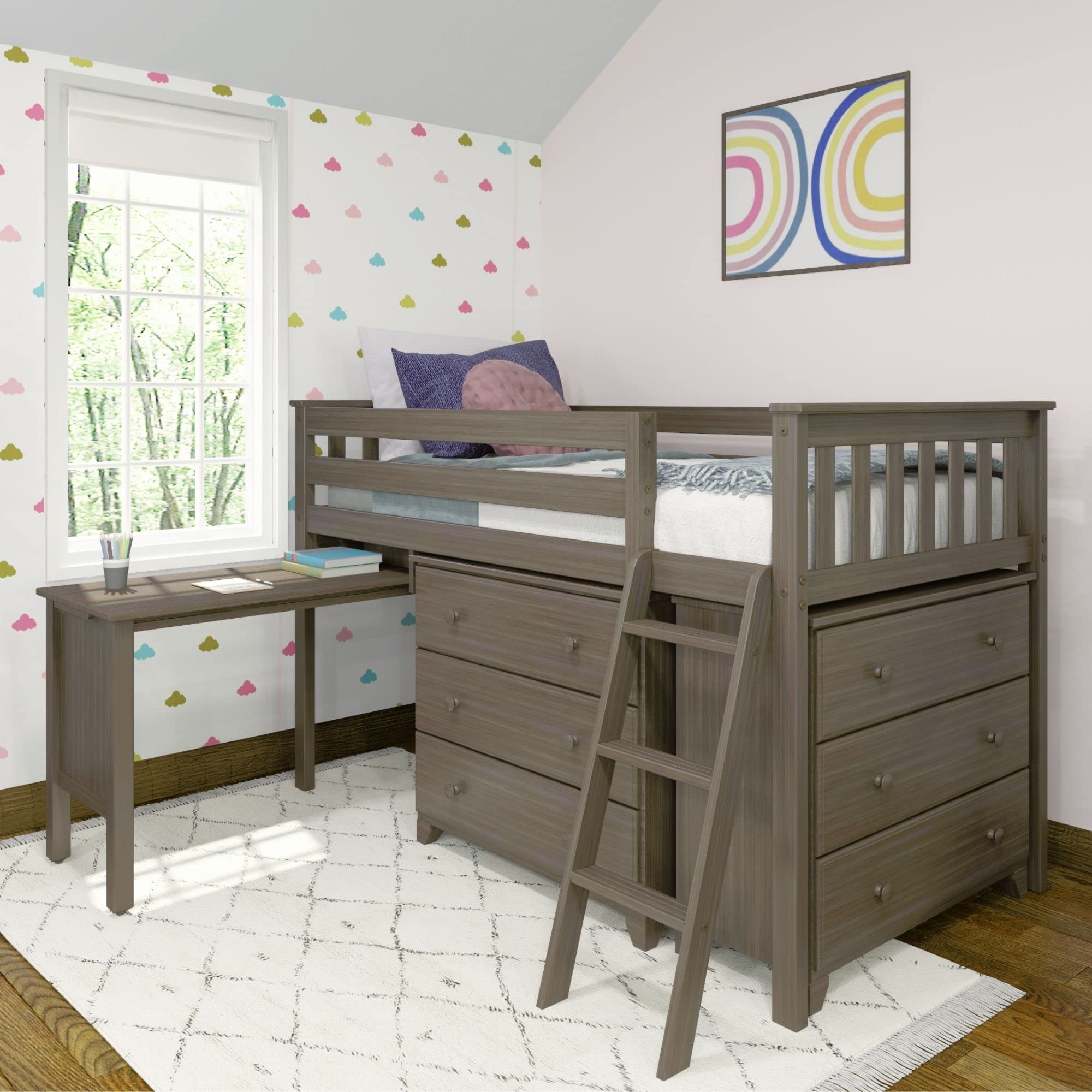 Max & Lily Low Loft Twin Bed Frame for Kids with Pull-Out Desk & 3-Drawer Dresser - Space-Saving Clay Finish for Small Bedrooms, Study & Play Areas