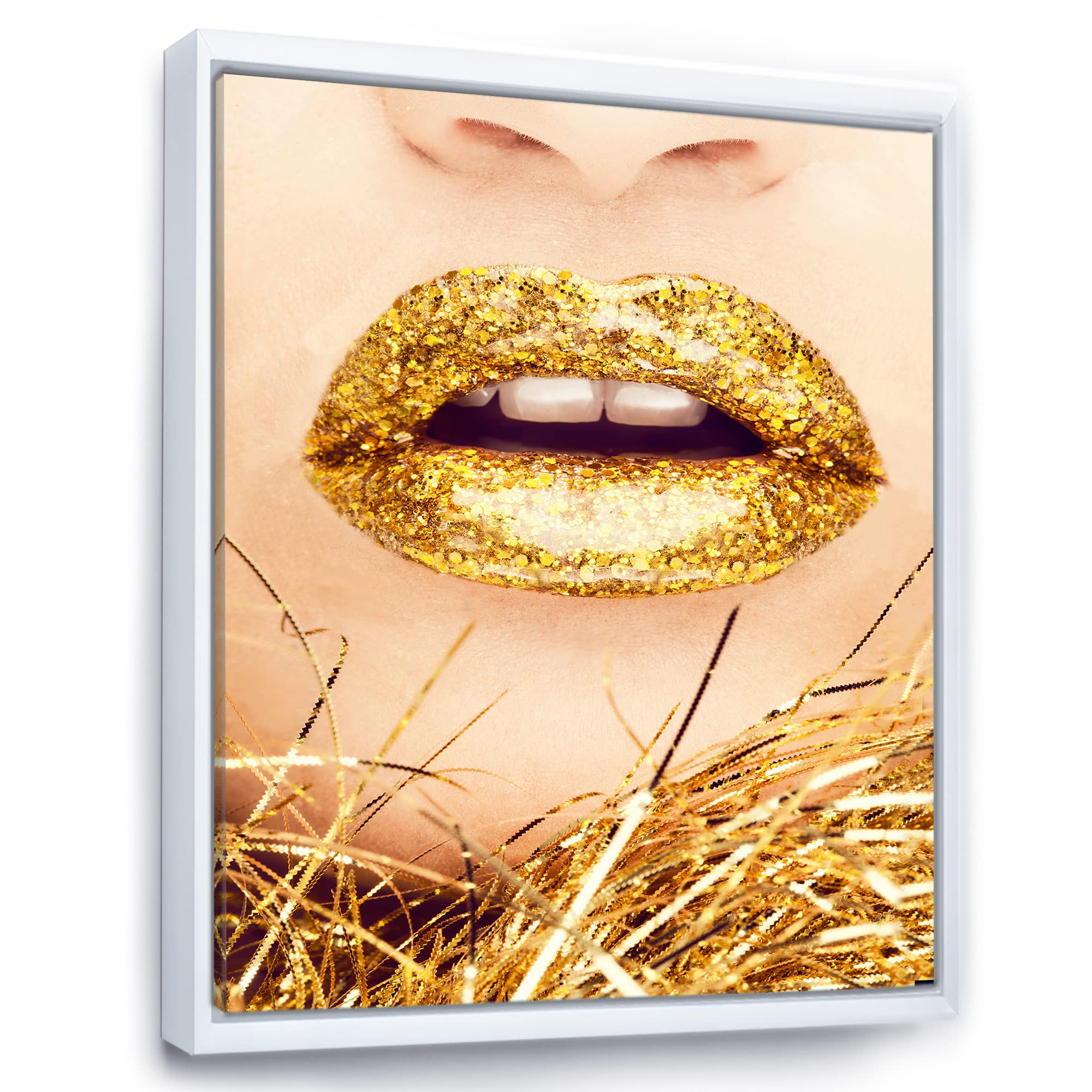 Golden Woman Lips I - Modern Framed Canvas Wall Art Print for Home & Office Decor | Elegant Contemporary Painting for Living Room, Bedroom, or Gift