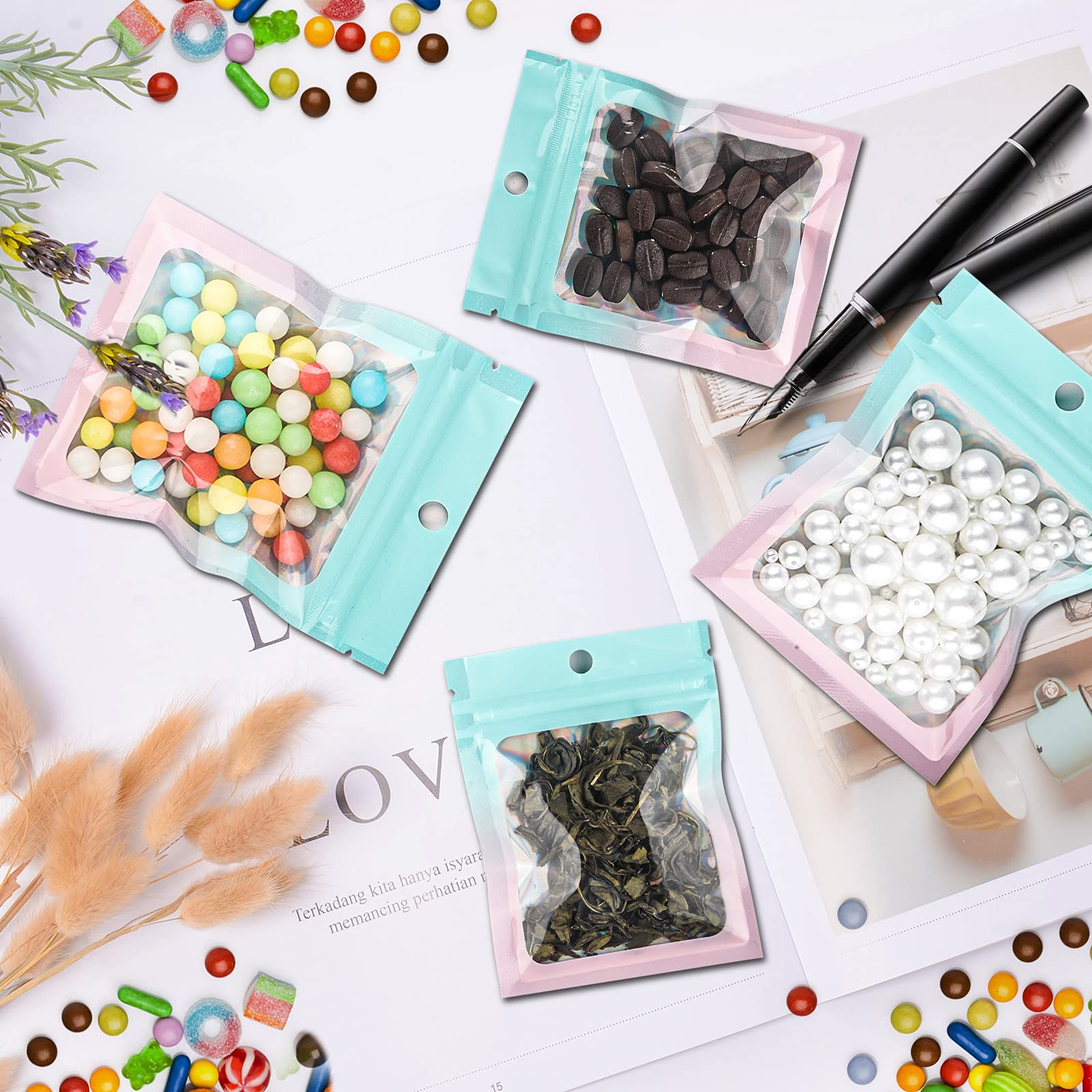 100-Piece Holographic Gradient Mylar Ziplock Bags with Clear Window - Resealable Stand-Up Pouches for Candy, Party Favors, Snacks & Samples (5.5x7.8 Inch, Green & Pink) - Perfect for Gift Packaging, Wedding Favors & Small Business Product Samples