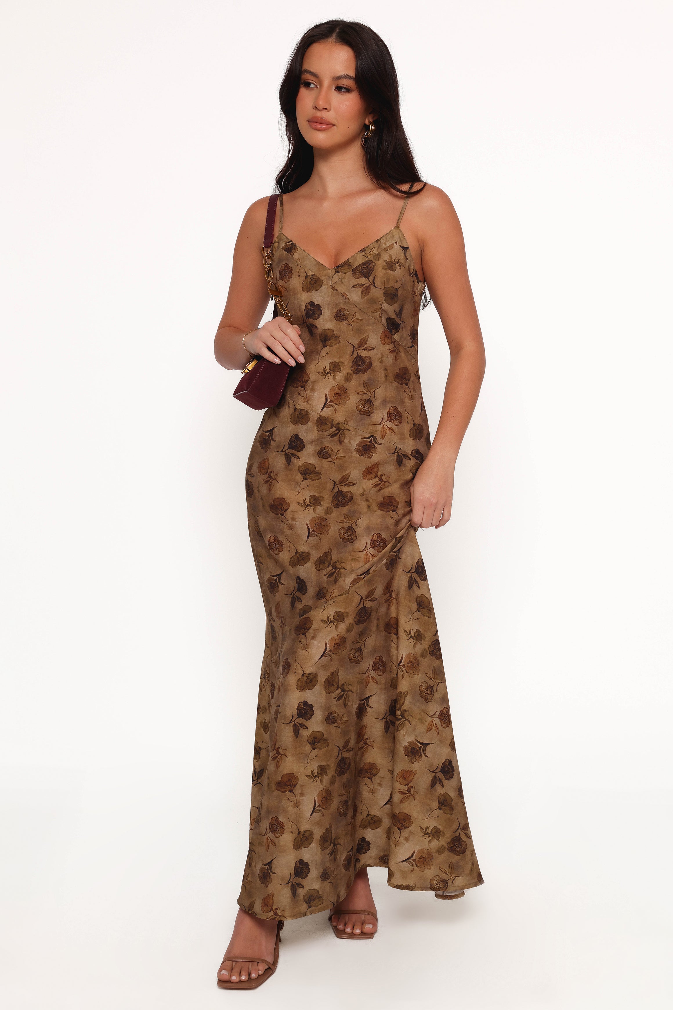 Fia Midi Dress - Floral Print Summer Dress in Tan | Casual & Party Wear for Women | Perfect for Beach, Brunch & Date Nights