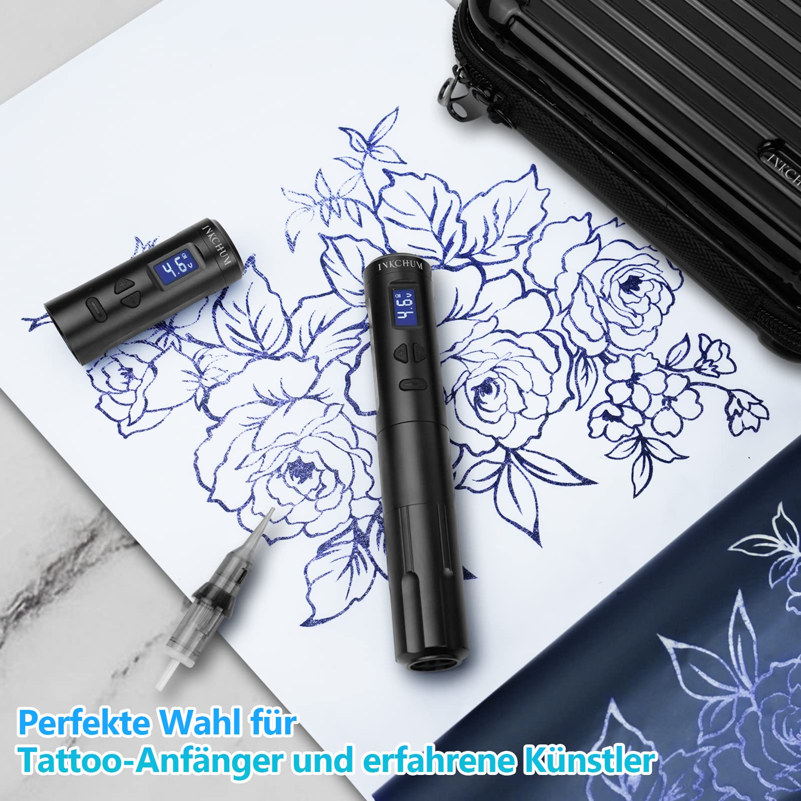 INKCHUM Tattoo Machine Kit with 2 Batteries - 10W Coreless Motor, Digital OLED Display, 10 Needles, Synthetic Skin - Complete Beginner Tattoo Starter Kit for Home & Professional Use