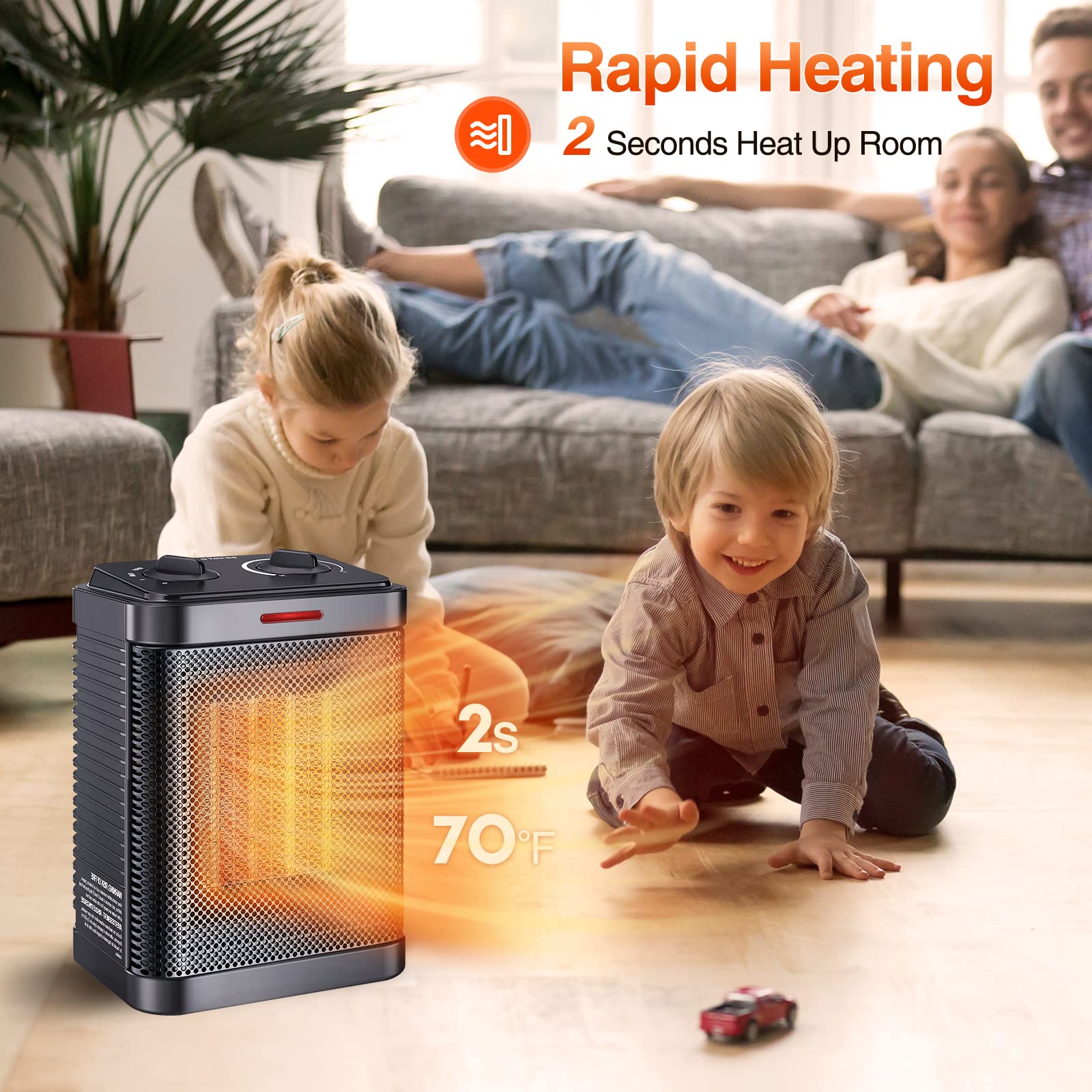1500W PTC Ceramic Space Heater with Thermostat - 2S Rapid Heating, 3 Modes, Quiet & Safe Electric Heater for Bedroom, Office, Indoor Use - Portable Small Heater with Safety Protection for Home & Workspace