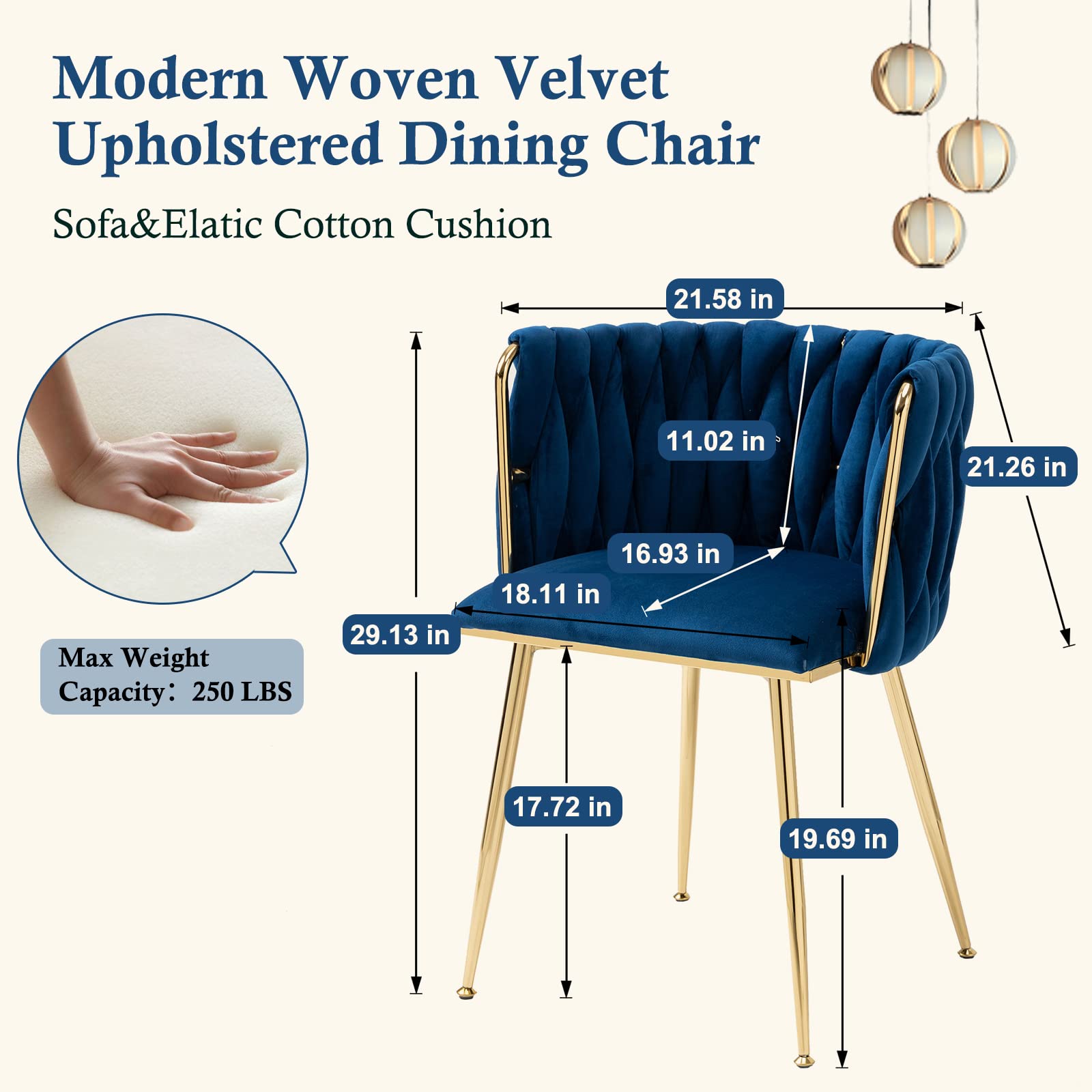 NIOIIKIT Modern Velvet Dining Chairs Set of 2 - Handwoven Upholstered Accent Chairs with Golden Metal Legs for Living Room, Kitchen, Dining Room & Vanity (Navy Blue) | Elegant Seating for Home Decor, Dinner Parties & Cozy Lounging