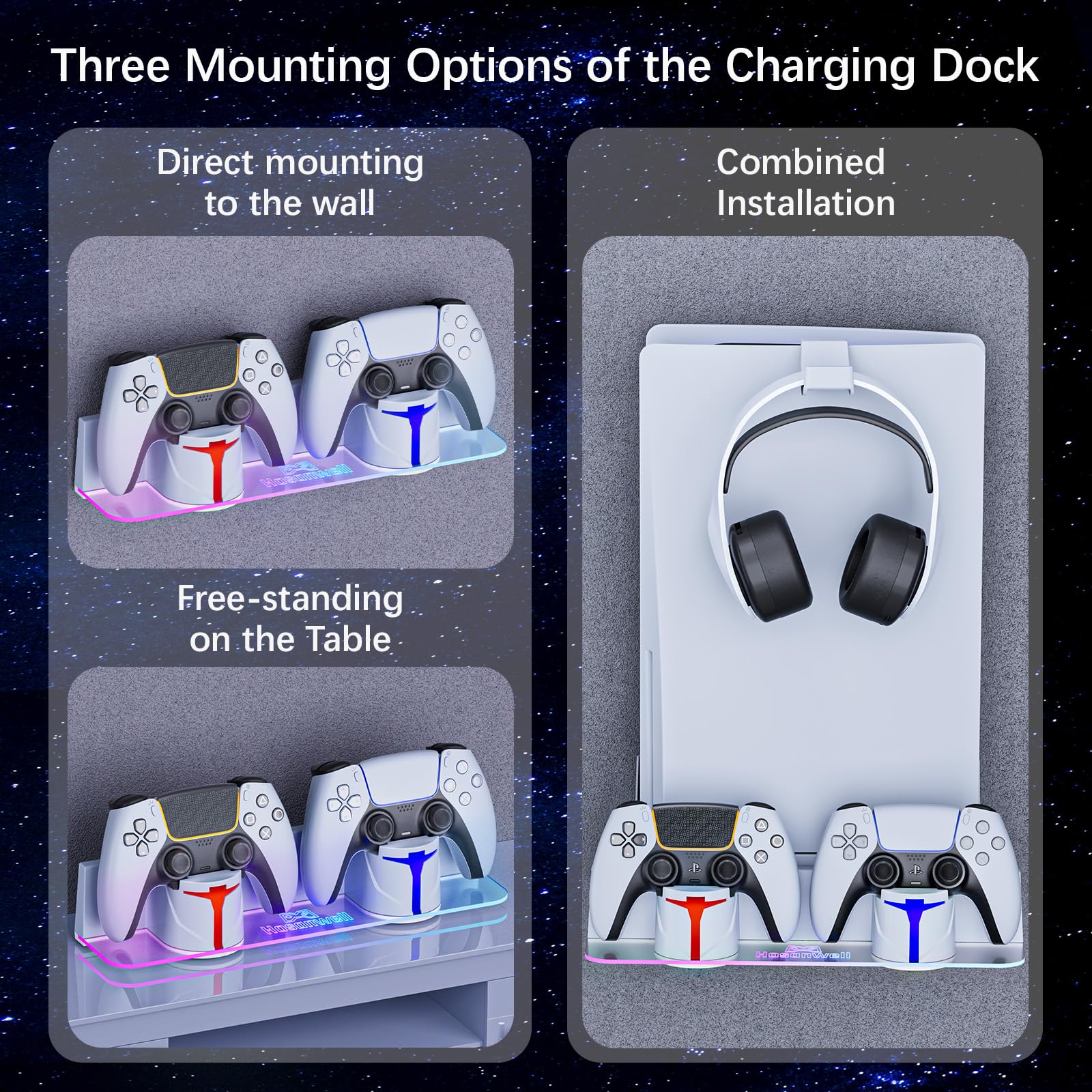 Hosanwell PS5 Wall Mount Kit with Charging Station - Playstation 5/Slim/Pro Accessories for Gaming Setup