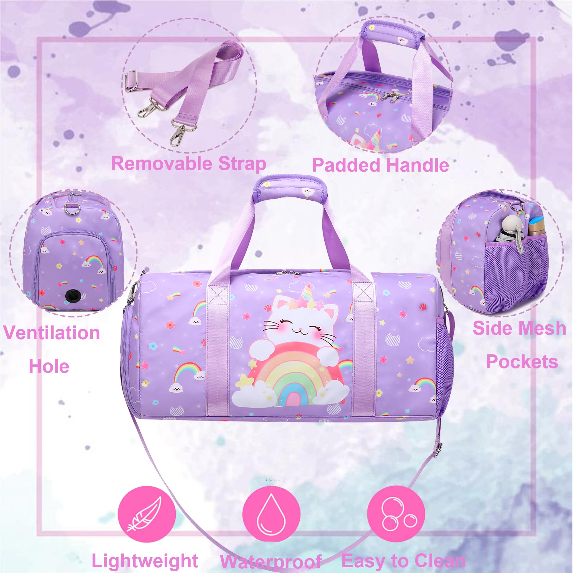 Unicorn Cat Dance Bag for Girls - Ballet, Gymnastics & Sports Duffle Bag with Shoe Compartment & Wet Pocket - Perfect for Dance Class, Travel & Sleepovers
