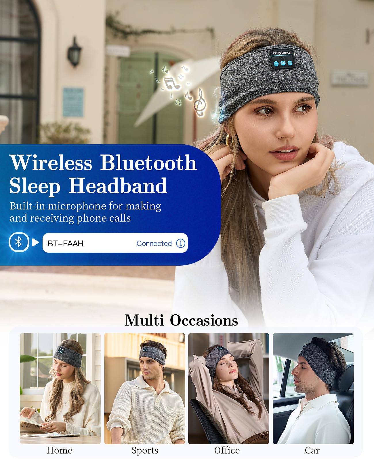 Perytong Adjustable Bluetooth Sleep Headphones - Wireless Headband with HD Stereo Sound, Comfortable for Side Sleepers - Perfect for Sleeping, Yoga, Workout, Jogging, Travel & Relaxation - Cool Tech Gift for Men, Women, Moms