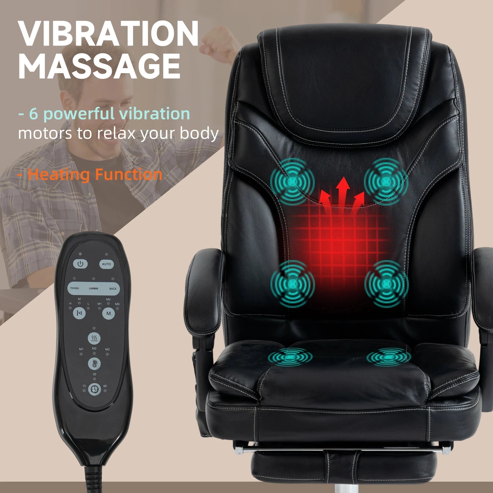 Premium Faux Leather Heated Massage Office Chair with 6-Point Vibration System - Black & Brown Options - Perfect for Home Office, Gaming, and Relaxation