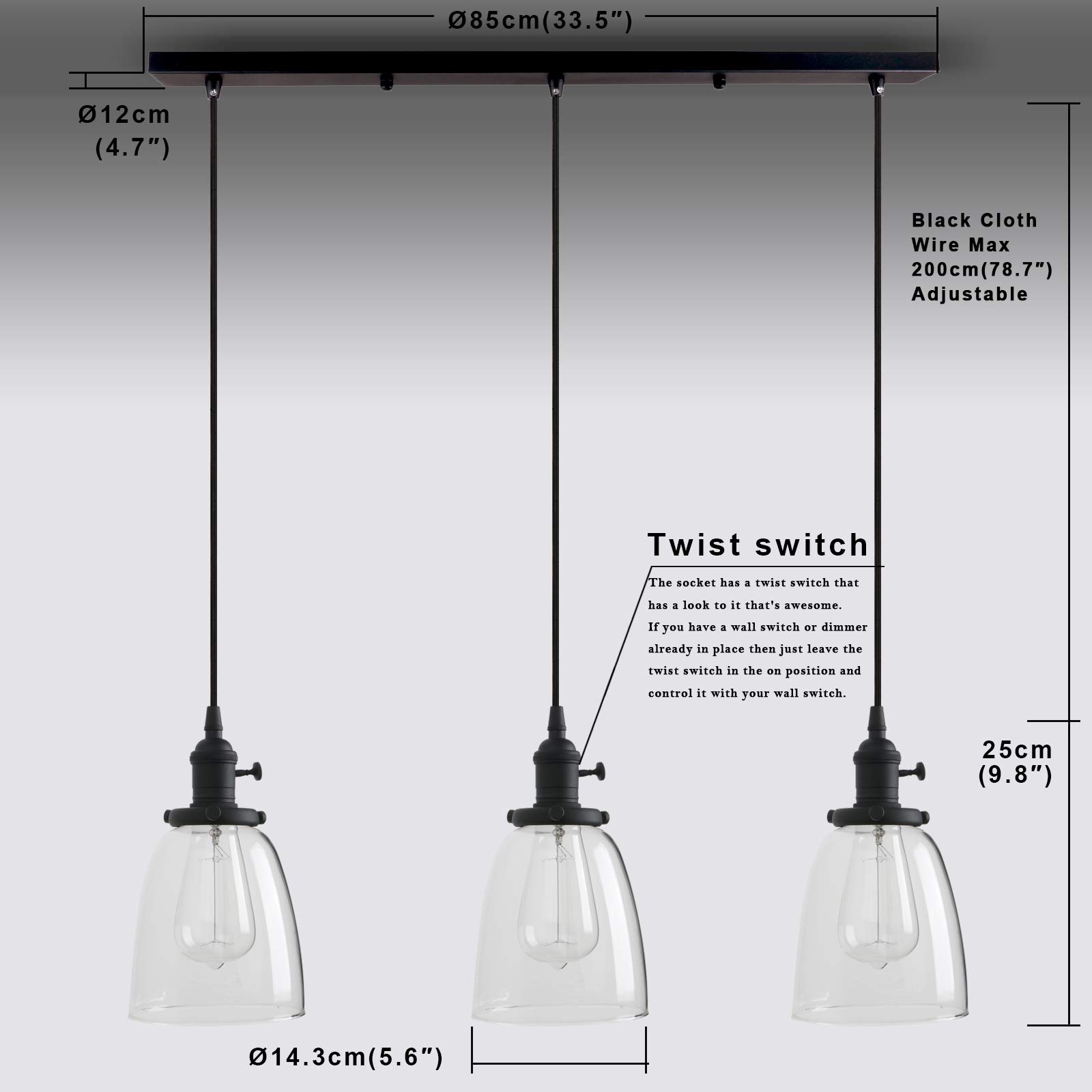 Vintage Rustic Industrial 3-Light Kitchen Island Chandelier - Triple Head Pendant Ceiling Light Fixture with Clear Oval Glass Shades (Black) | Perfect for Farmhouse, Loft & Industrial Style Dining Rooms, Kitchens & Living Spaces