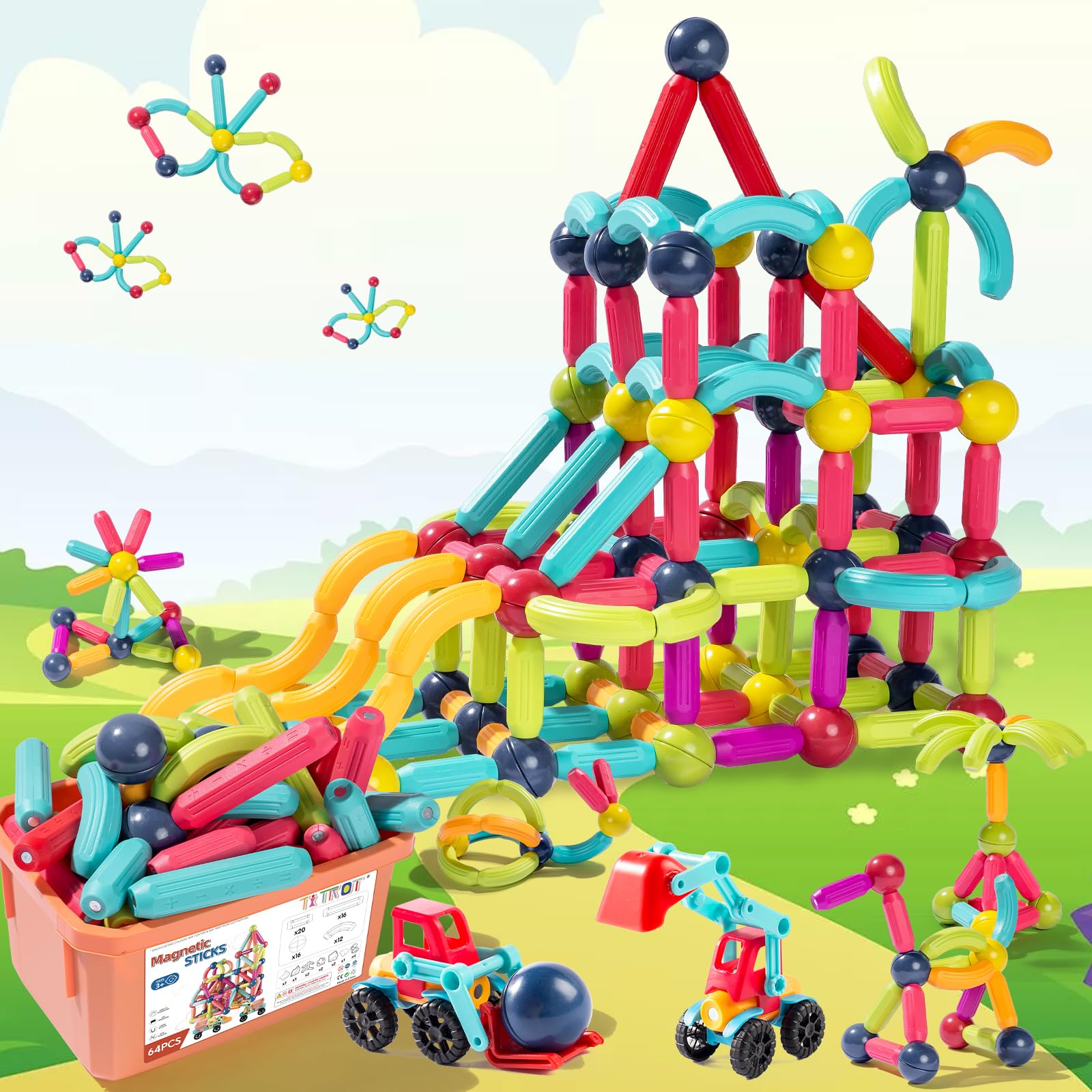 64Pcs Magnetic Building Blocks STEM Educational Toys for Kids Ages 3-8 - Montessori Sensory Learning Toys with 2 Cars for Toddlers Boys & Girls | Perfect for Preschool Classroom, Birthday Gifts & Creative Playtime