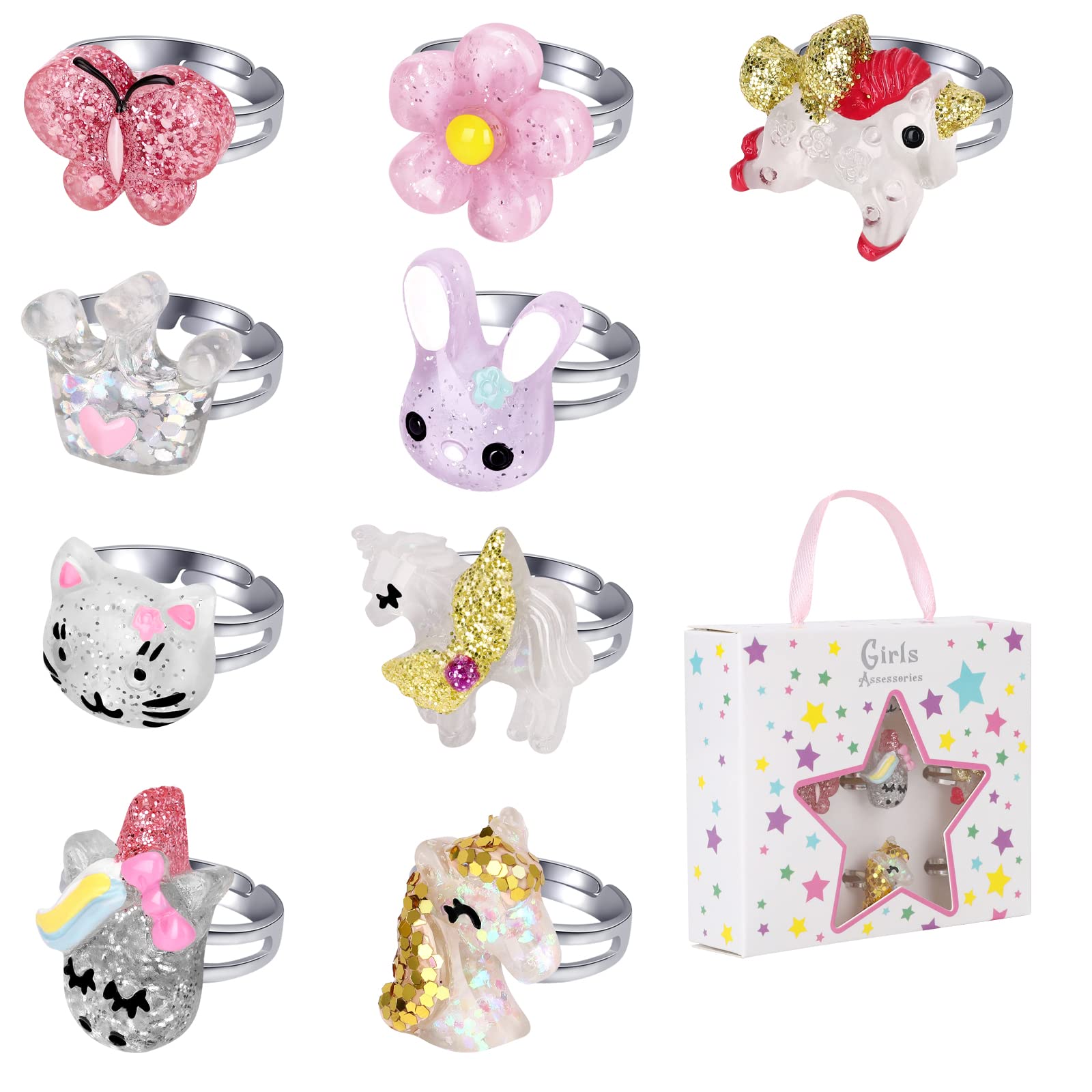 Adjustable Little Girl Jewelry Rings Set - Unicorn & Butterfly Design, Perfect Birthday Gift for 3-10 Year Old Girls - Play Jewelry for Kids, Parties & Dress-Up