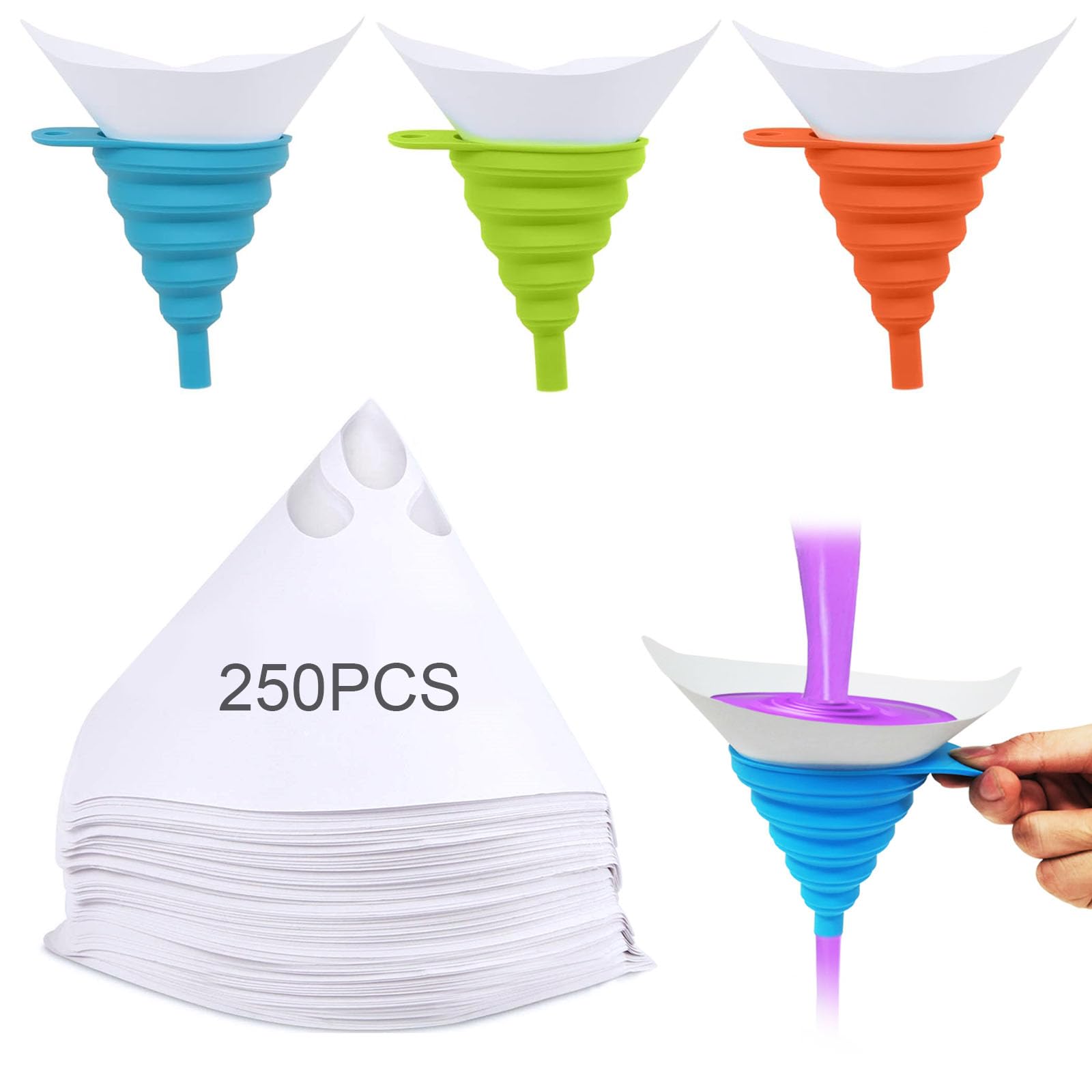 ZYNERY 250 PCS Disposable Paint Strainers - 150 Micron Paper Cone Filters for Automotive Paint Spray Guns with 3 Silicone Funnel Resin Filters | Perfect for Auto Body Shops, DIY Car Painting & Professional Spray Painting Projects