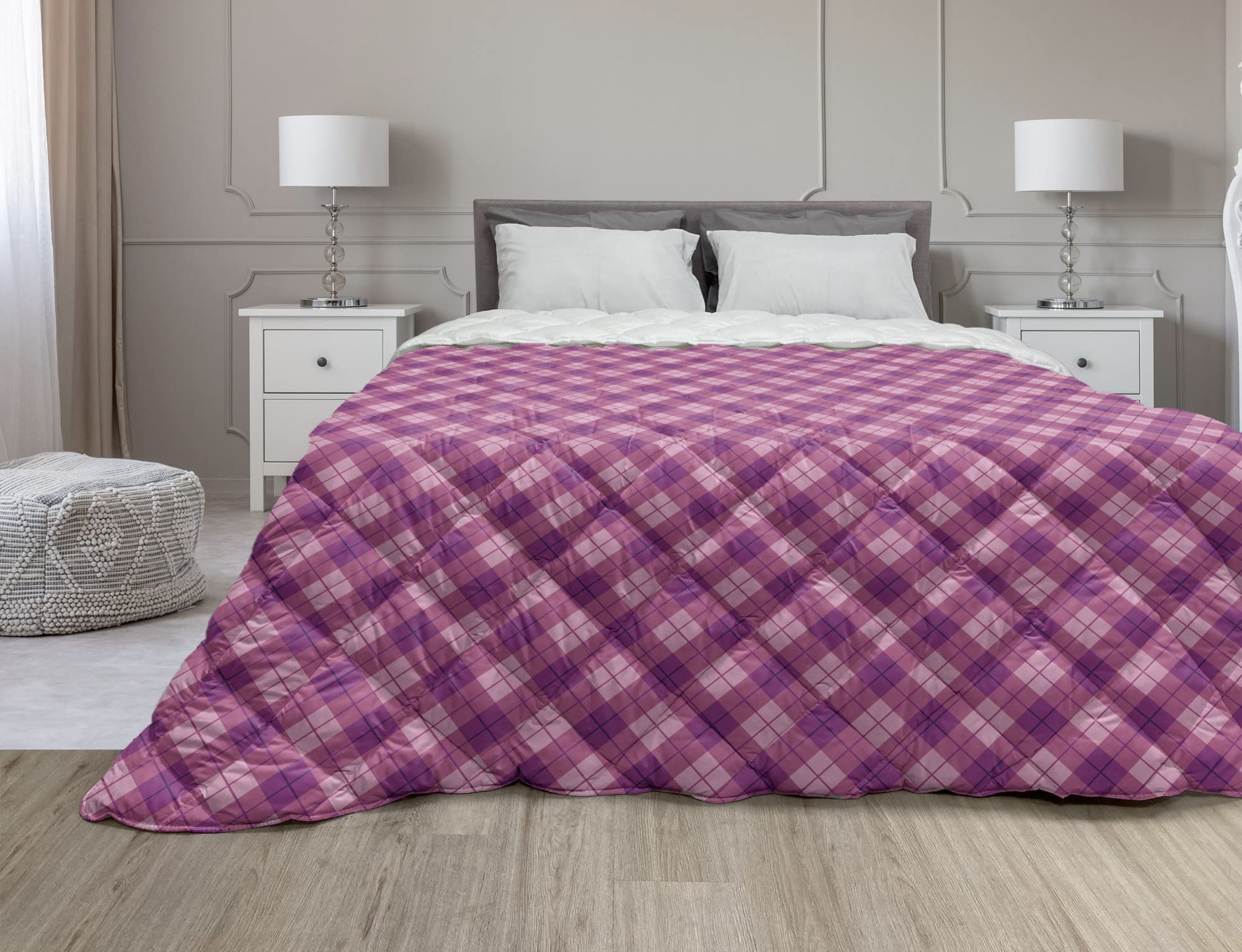 Ambesonne Full Size Plaid Down Alternative Comforter - Geometric Symmetrical Diagonal Squares Design, All-Season Microfiber Quilt in Dark Magenta & Pale Fuchsia | Perfect for Bedroom, Guest Room & Dorm Decor
