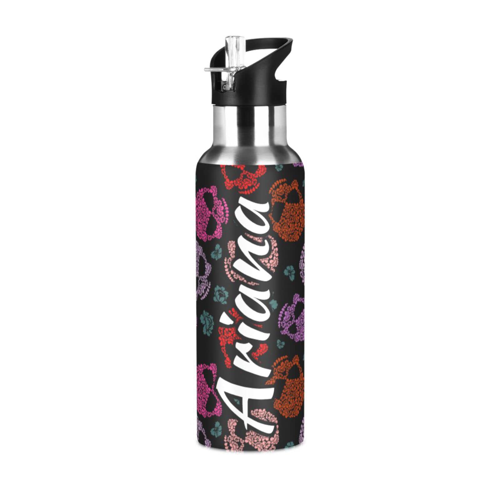 Custom 20oz Insulated Flower Skull Water Bottle with Straw Lid - Personalized Reusable Sports Bottle for Gym, Hiking & Backpacking - BPA Free Leakproof Stainless Steel Drinkware for Outdoor Activities & Workouts