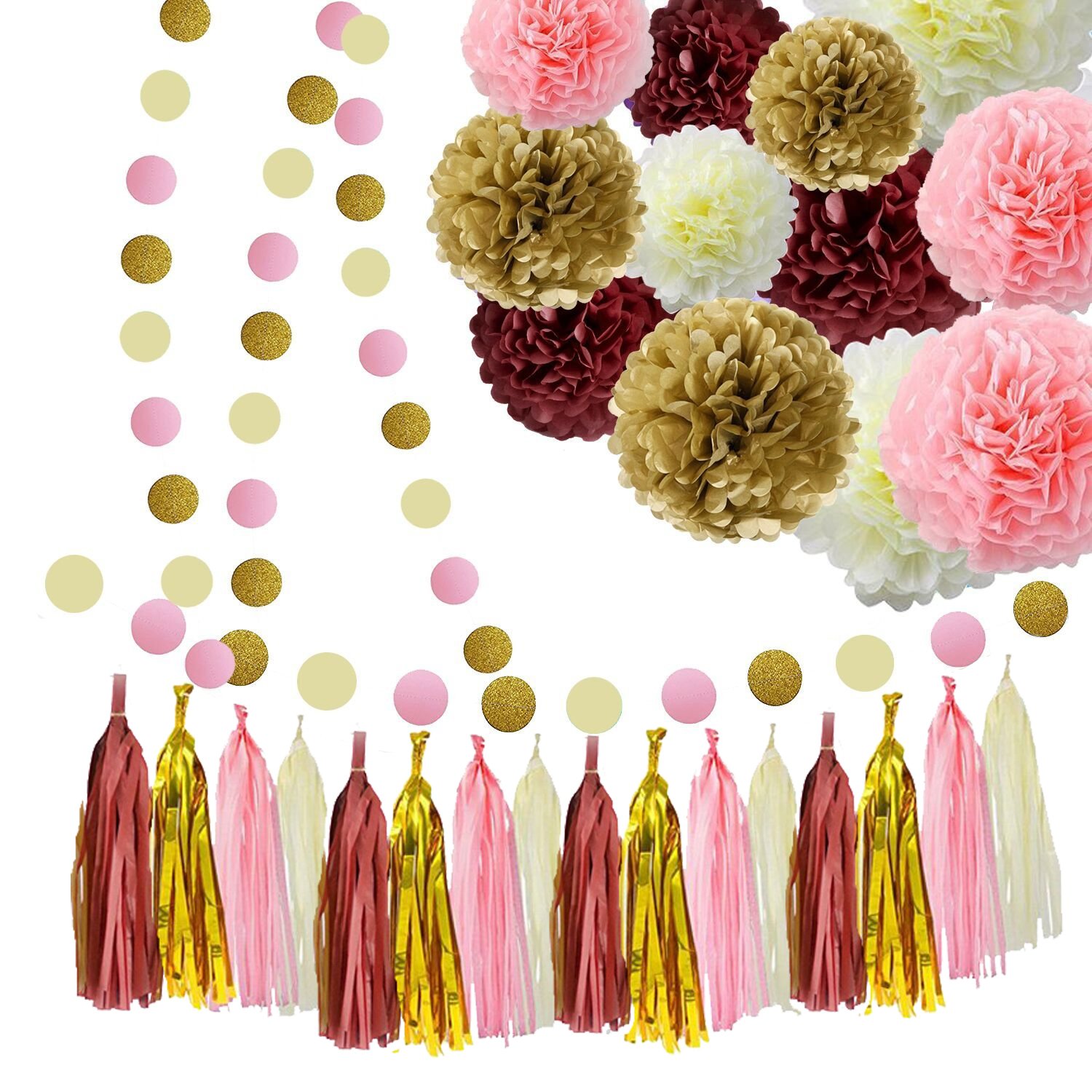 Elegant Burgundy Pink Glitter Gold Tissue Paper Pom Pom Tassel Garland - Wedding, Bridal Shower, Bachelorette Party & Birthday Decorations - Perfect for Romantic Celebrations and Special Events