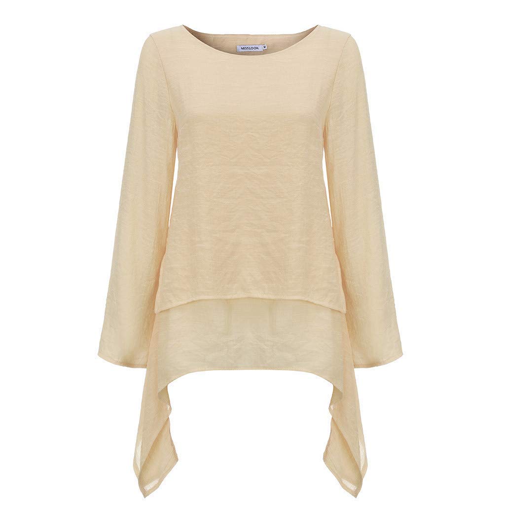 Women's Cotton Linen Long Sleeve T-Shirts - Boho Beach Tunic Blouse with Asymmetrical High-Low Hem - Plus Size Casual Top for Summer Outfits, Vacations & Boho Fashion
