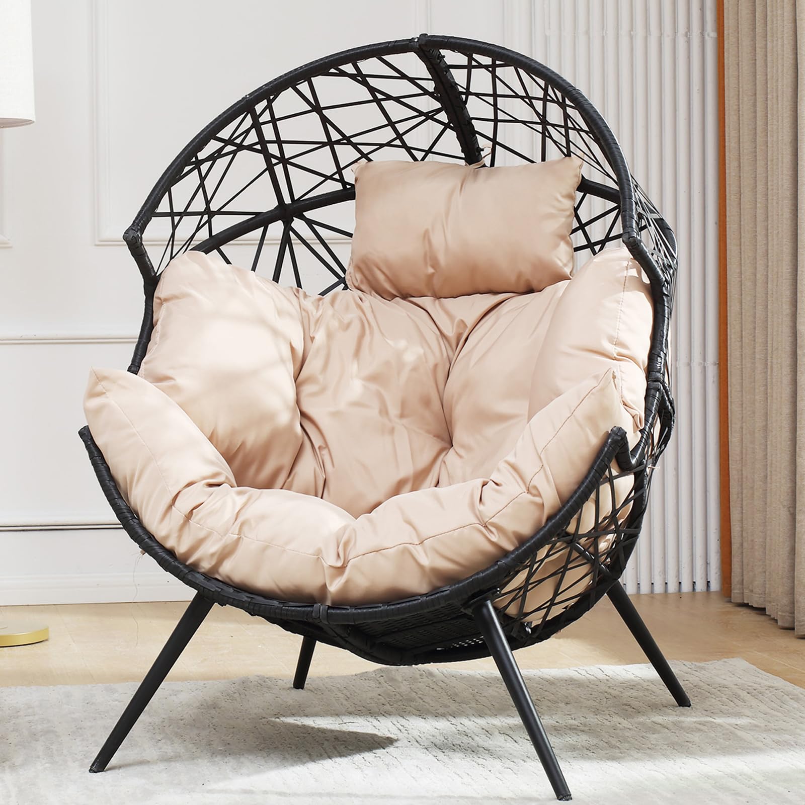 **Outdoor/Indoor Egg Chair - Wicker Hanging Egg Lounger with Cushion & Stand for Patio, Backyard, Living Room - Beige (Perfect for Relaxing, Reading & Sunbathing)**
