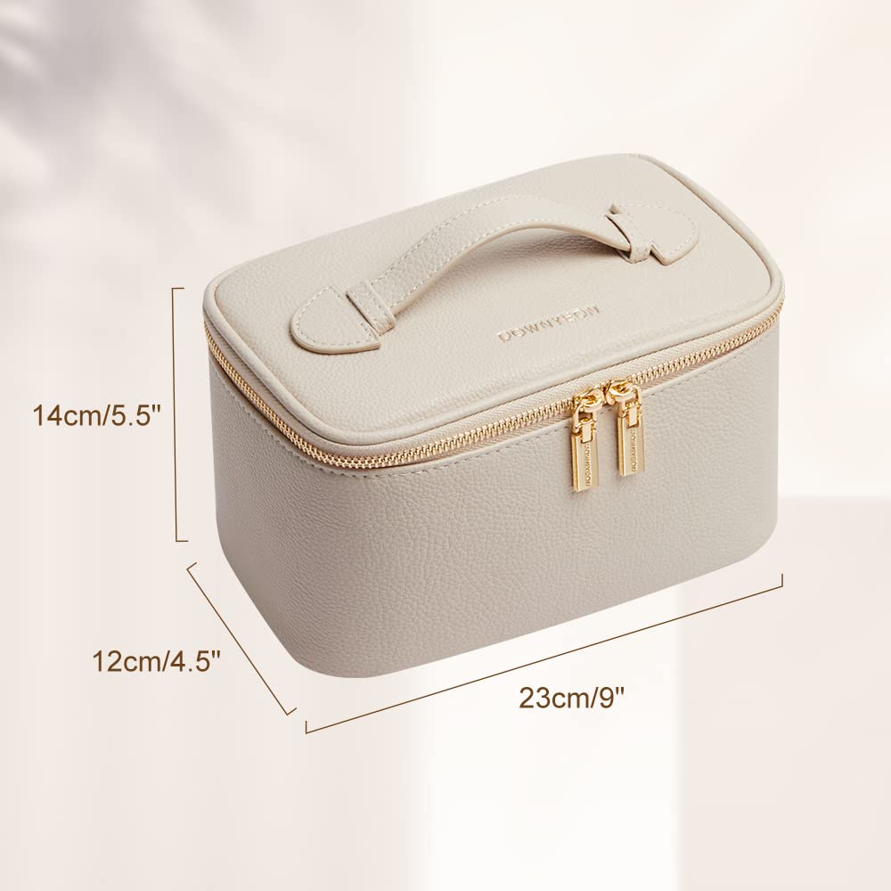 ROWNYEON Premium Travel Makeup Bag for Women - Waterproof Cosmetic Organizer with Portable Train Case Design, Perfect for Toiletries & Beauty Essentials | Ideal for Vacation, Gym, and Daily Use (Beige)